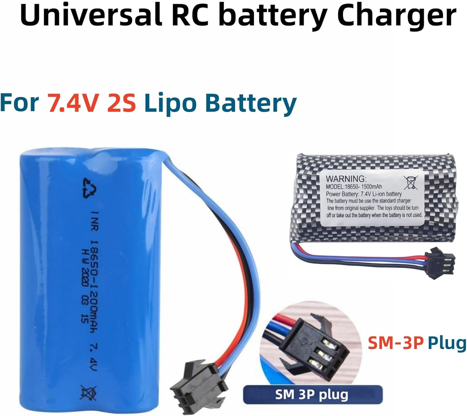 Blaue Batterie mit Kabeln und Stecker, neben einem Etikett und Ladegerät. Text: Universal RC-Akkuladegerät.