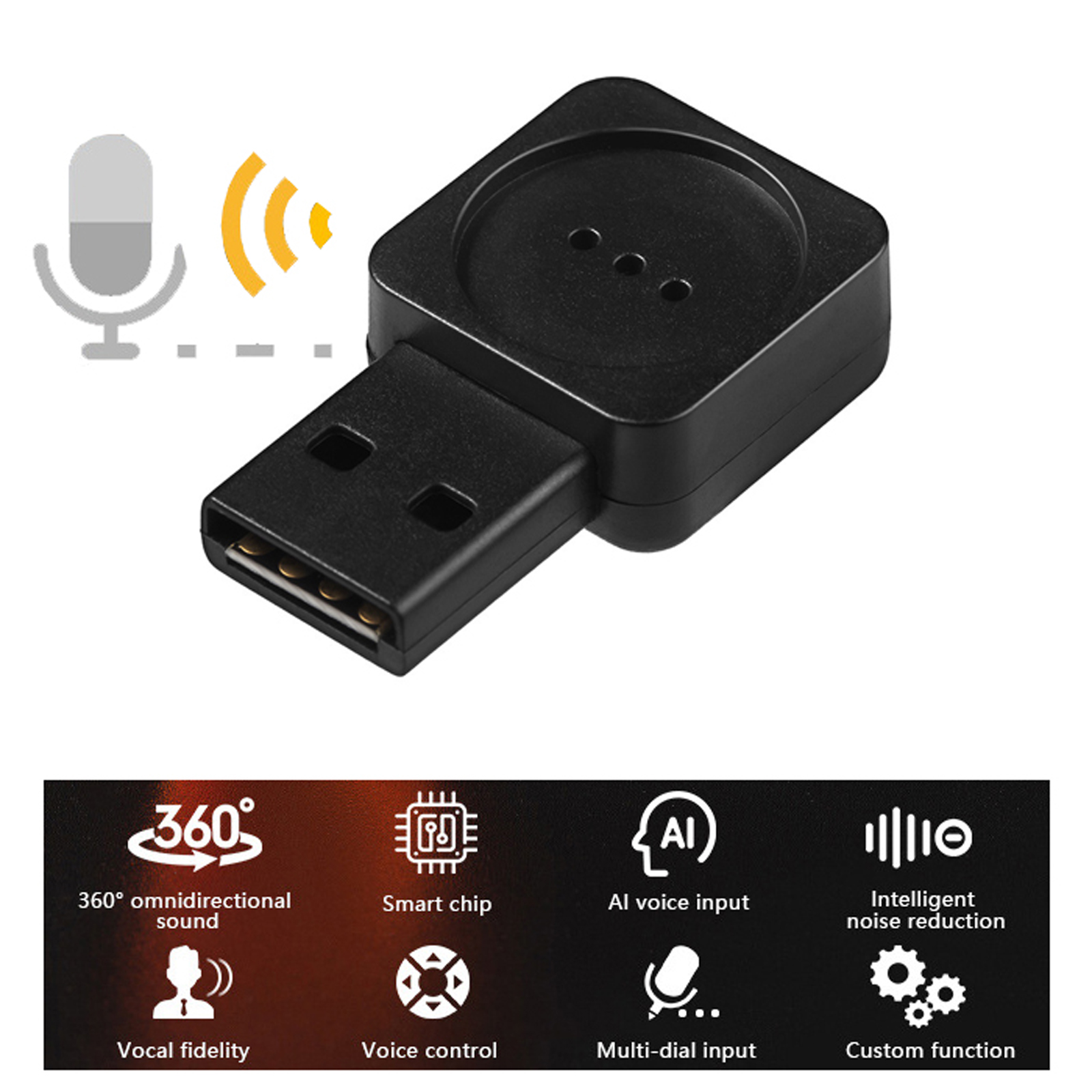 Ein schwarzer USB-Mikrofonadapter. Es hat mehrere Symbole, die Funktionen wie 360°-Sound, KI-Eingabe usw. darstellen.