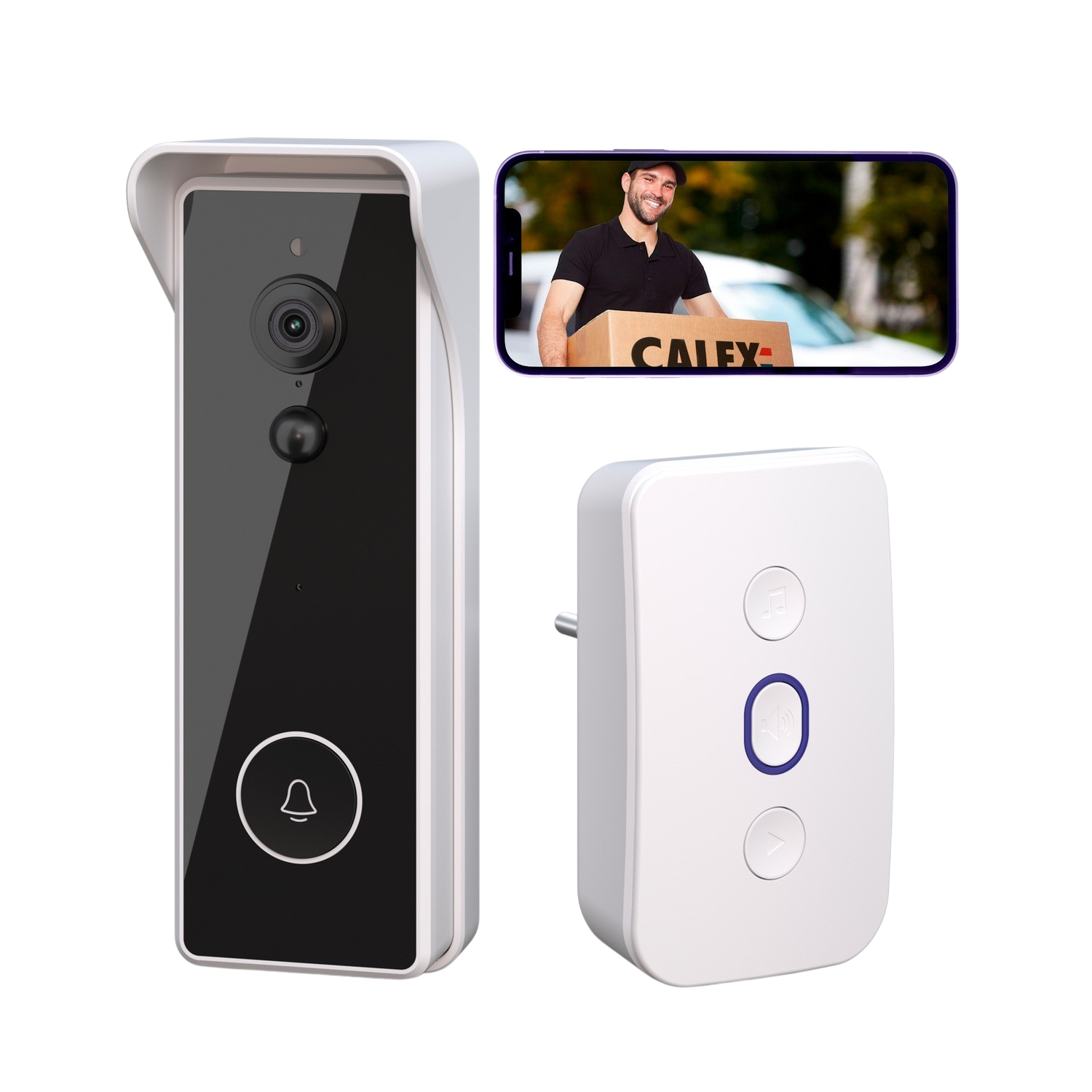 Sistema di campanello intelligente. Videocamera campanello e campanello interno. Uomo sullo schermo del telefono.