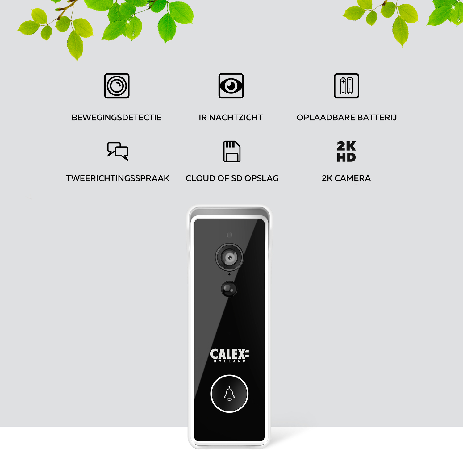 Videocitofono intelligente con icone di rilevamento del movimento, visione notturna, batteria, conversazione bidirezionale, cloud e 2K.