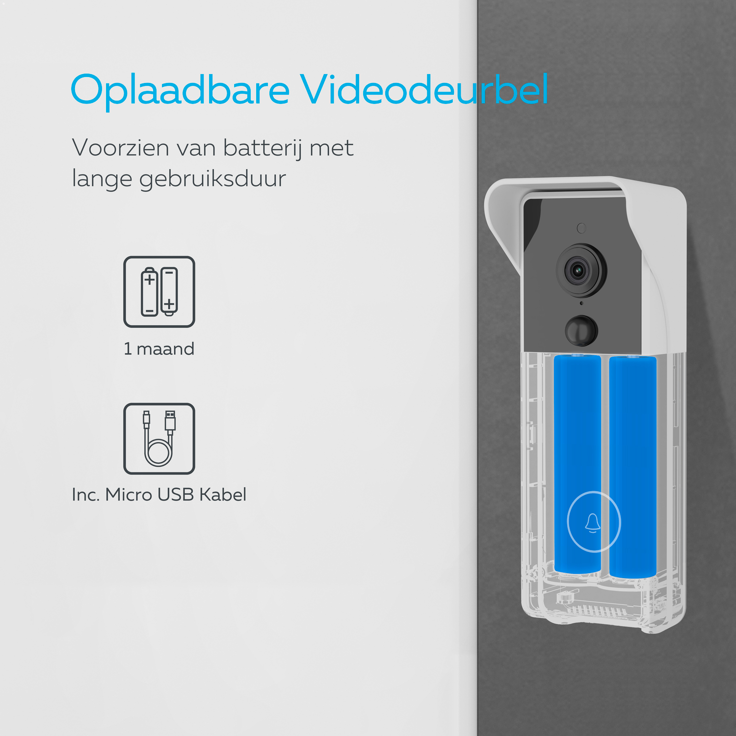 Un campanello video bianco con icone della batteria e un'icona del cavo micro USB.