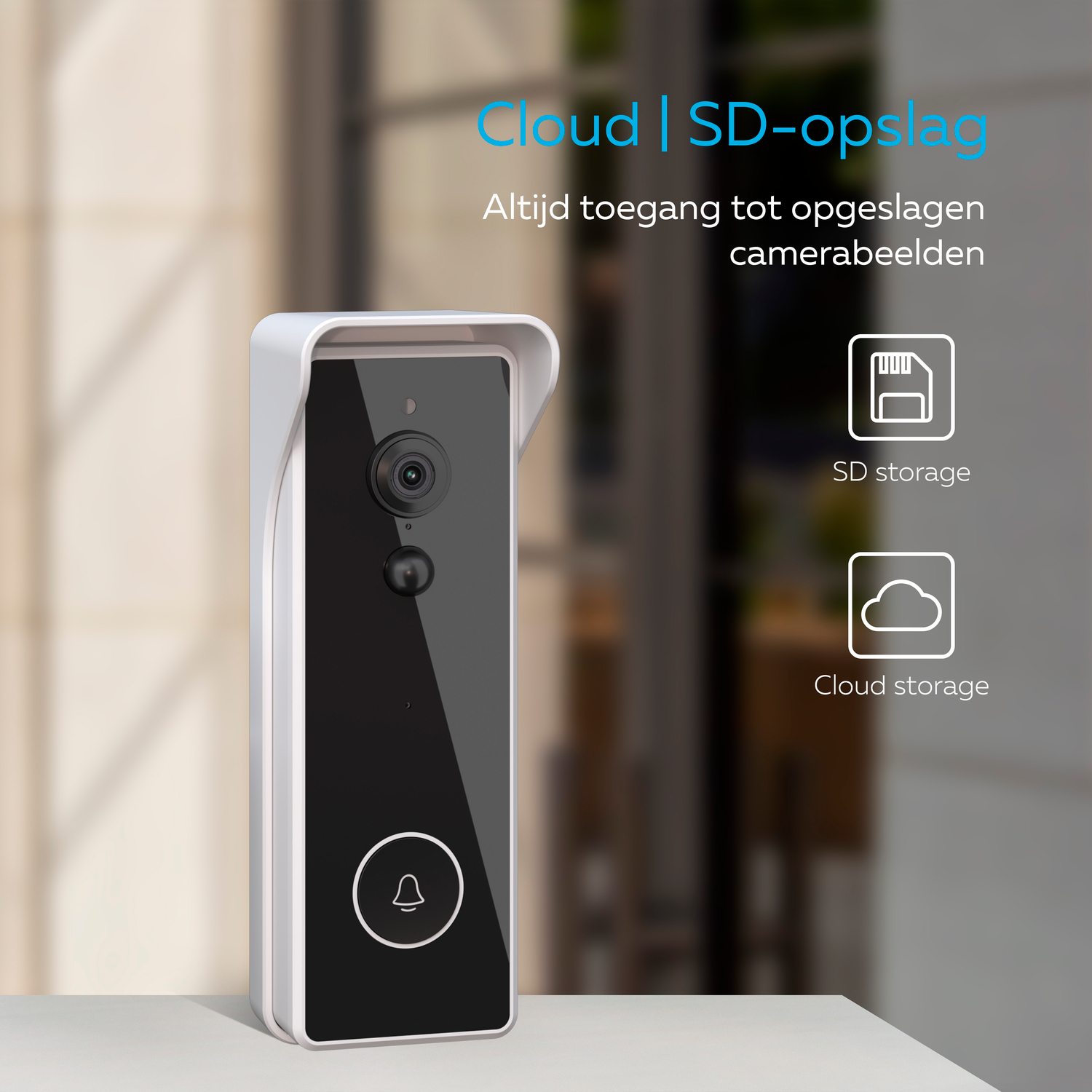 Videocitofono intelligente con icone di archiviazione SD e cloud, campanello nero frontale.