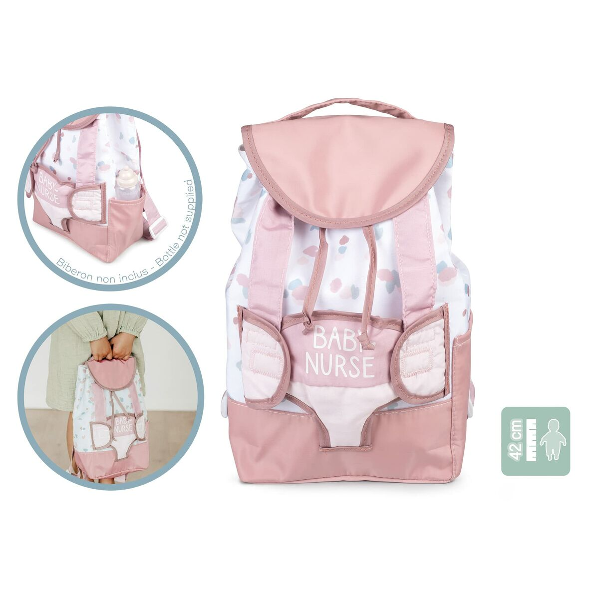 Rosa und weißer Baby-Krankenschwester-Rucksack mit Taschen und Flaschenhalter. Der Rucksack wird im Gebrauch gezeigt.