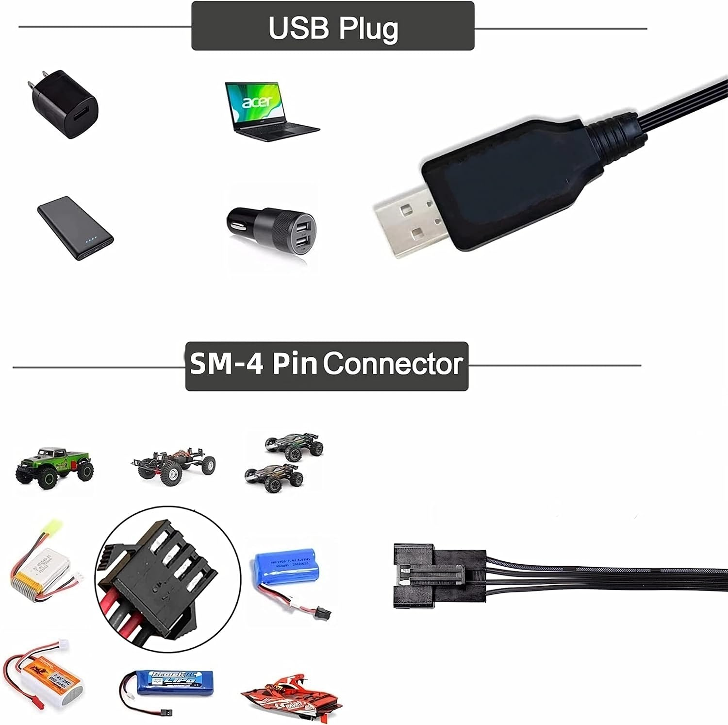 YUNIQUE Cable Cargador USB Universal Con Conector SM-4P Para Baterías LiPo De 7.4V (2S) – Compatible Con Coches RC, Aviones, Drones, Barcos Y Juguetes