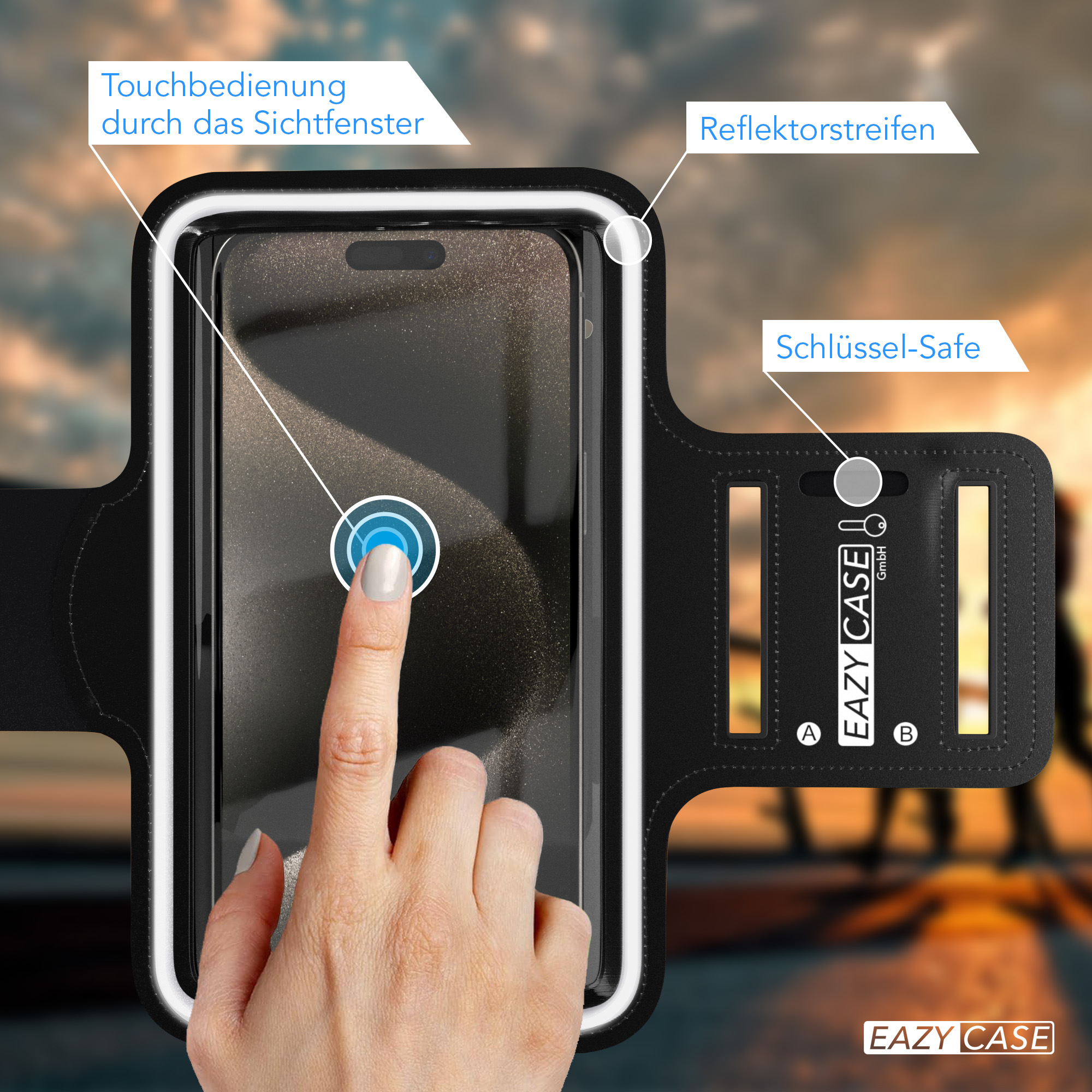 Armband mit Telefon darin, eine Hand berührt den Bildschirm.