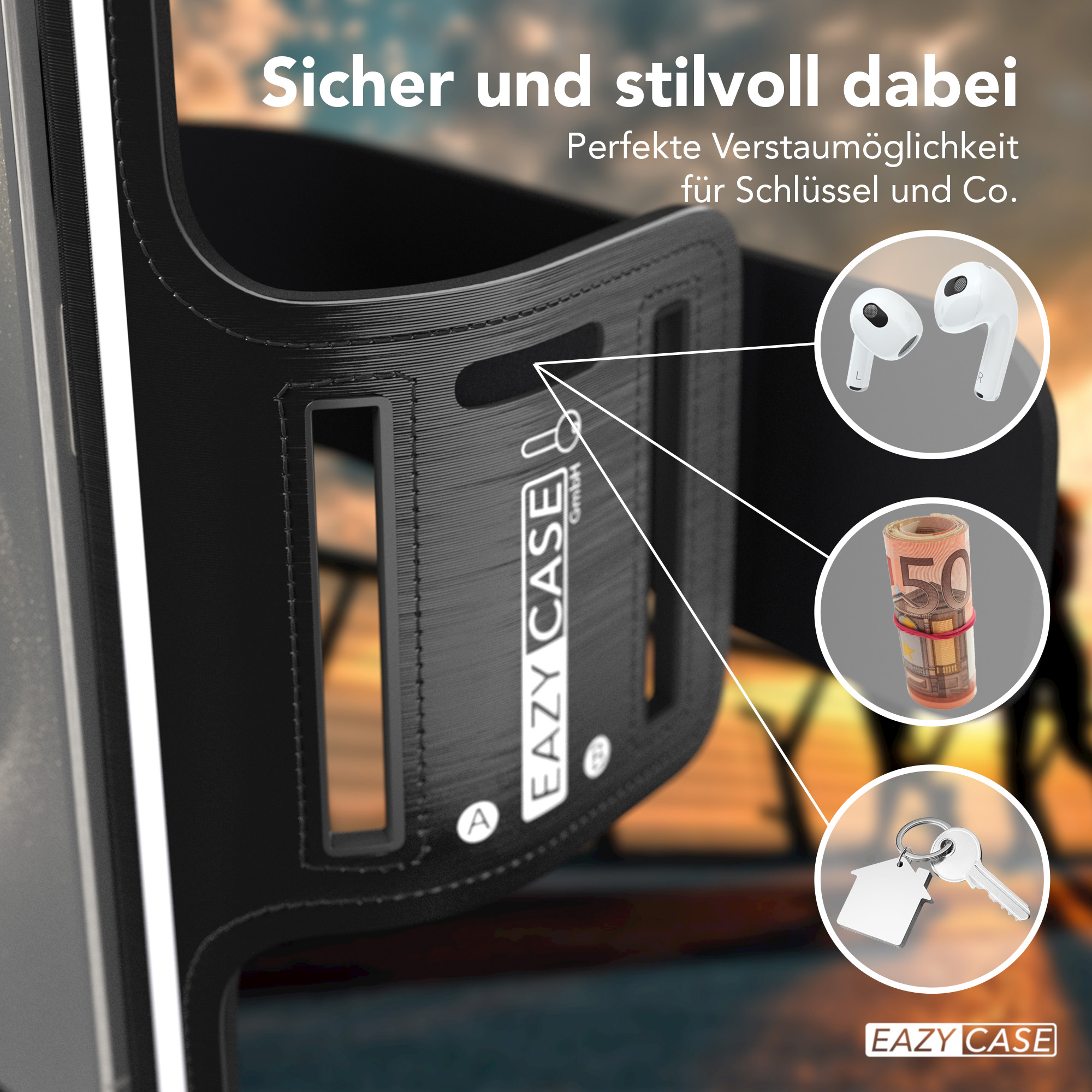 Schwarzes Armband mit Handyhalterung. Bilder von Ohrhörern, Geld und Schlüsseln werden angezeigt.