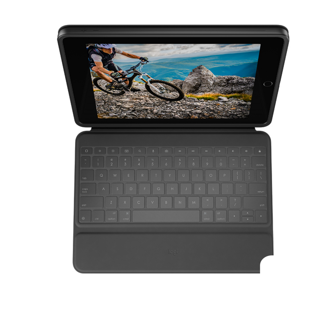Tablet nero in una custodia per tastiera nera, che mostra una scena di ciclismo.