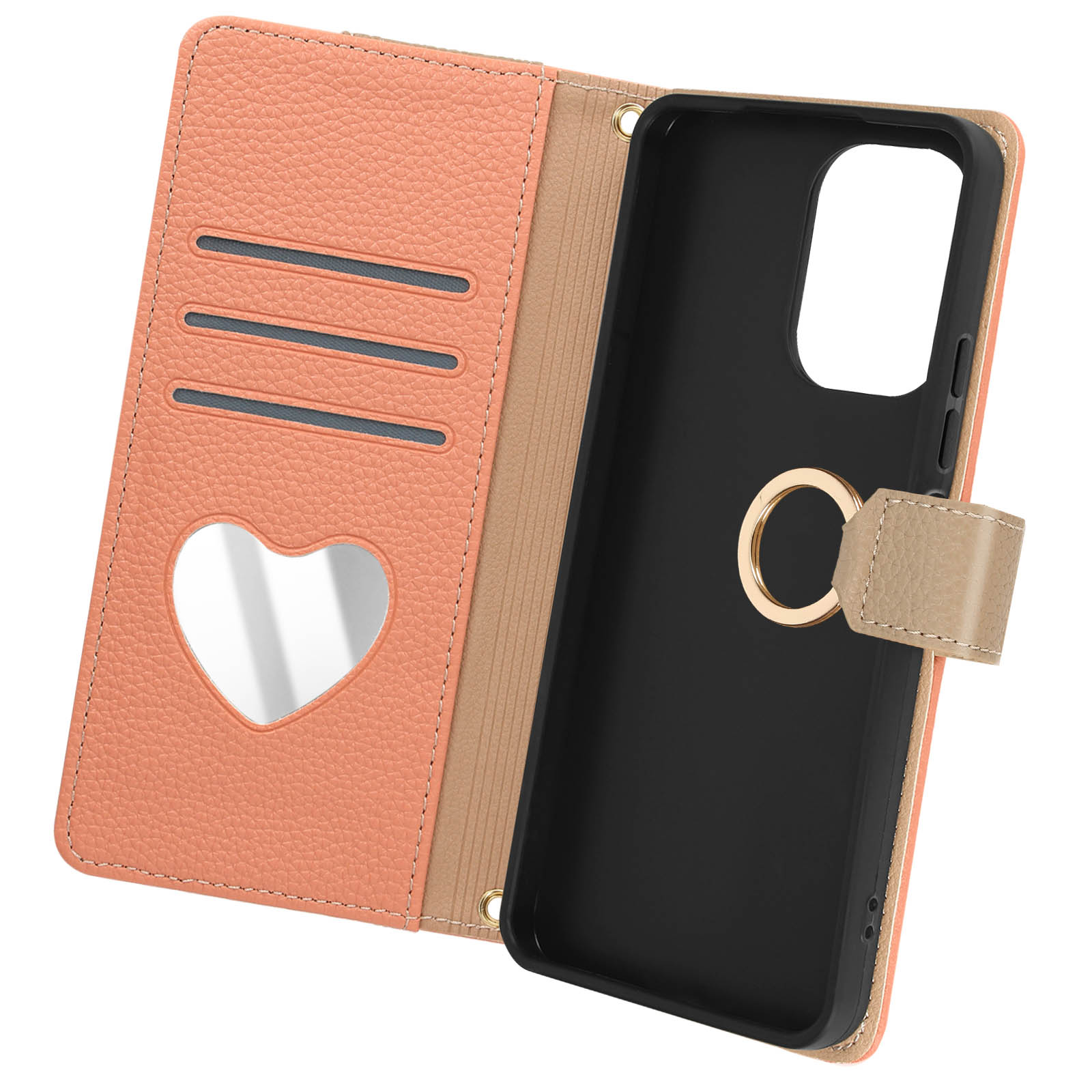Una custodia per telefono color corallo, aperta per rivelare un ritaglio a forma di cuore, fessure per carte e un porta anelli.