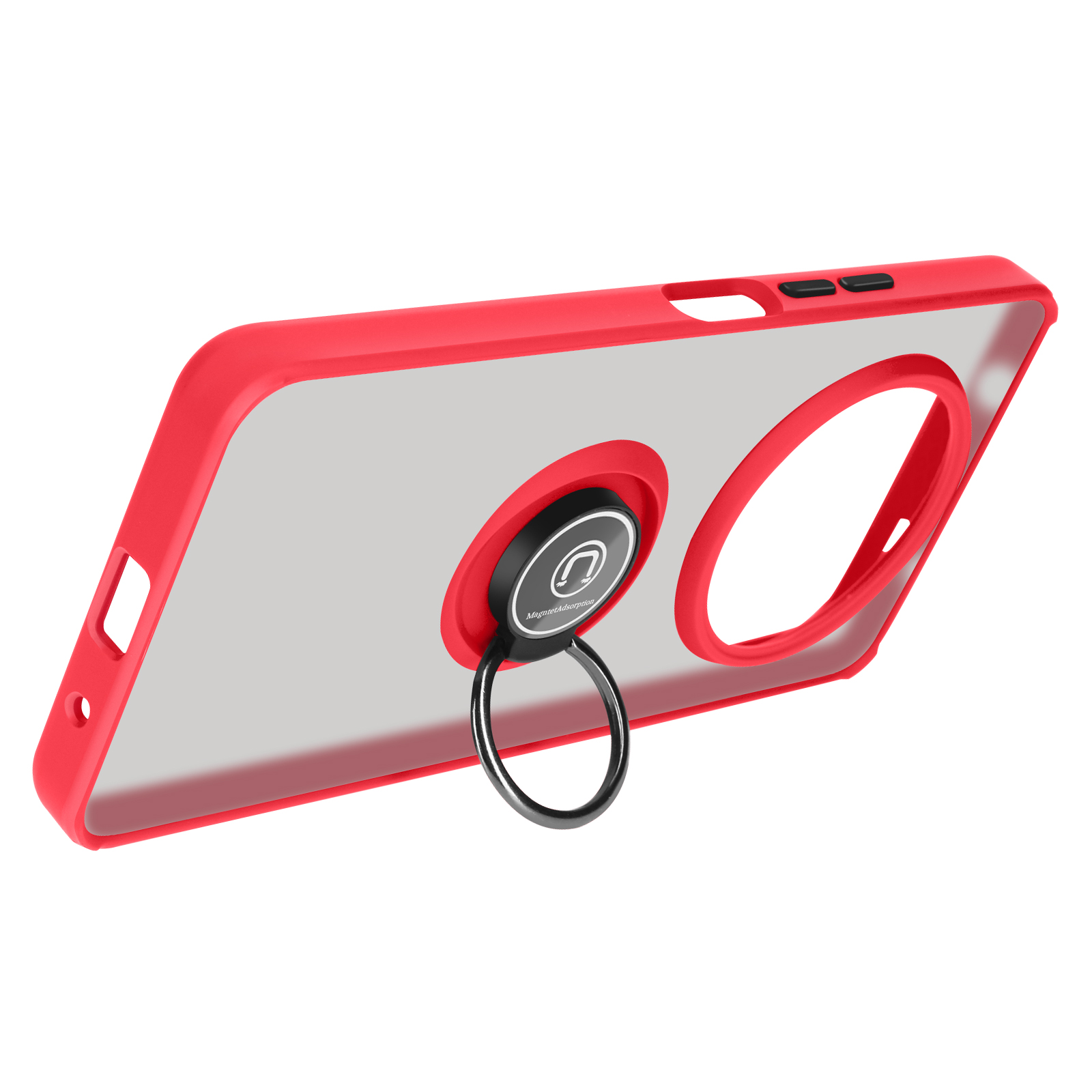 Coque de téléphone rouge avec support d'anneau, dos transparent.
