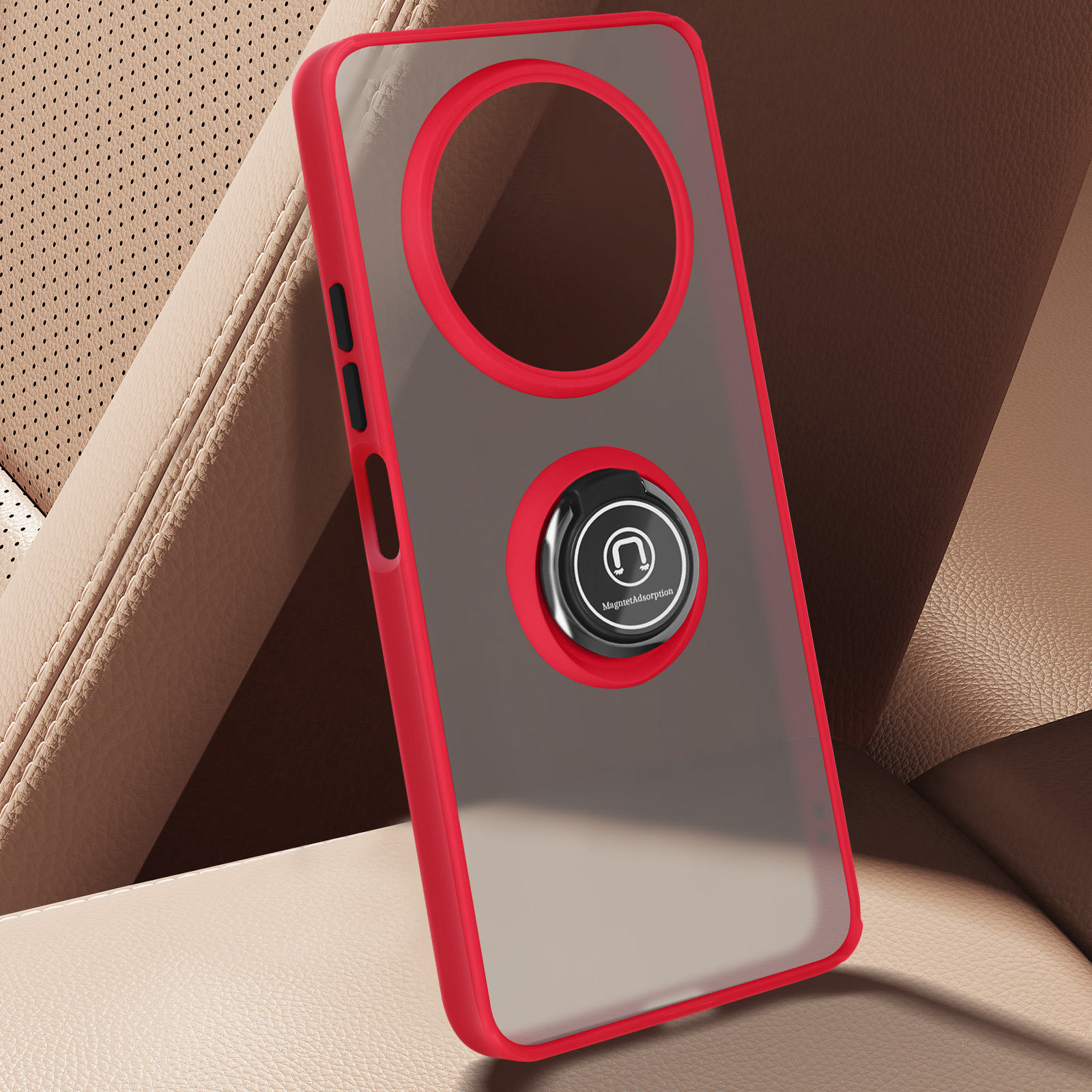 Coque de téléphone rouge et transparente avec porte-anneau. Repose sur un siège de voiture.
