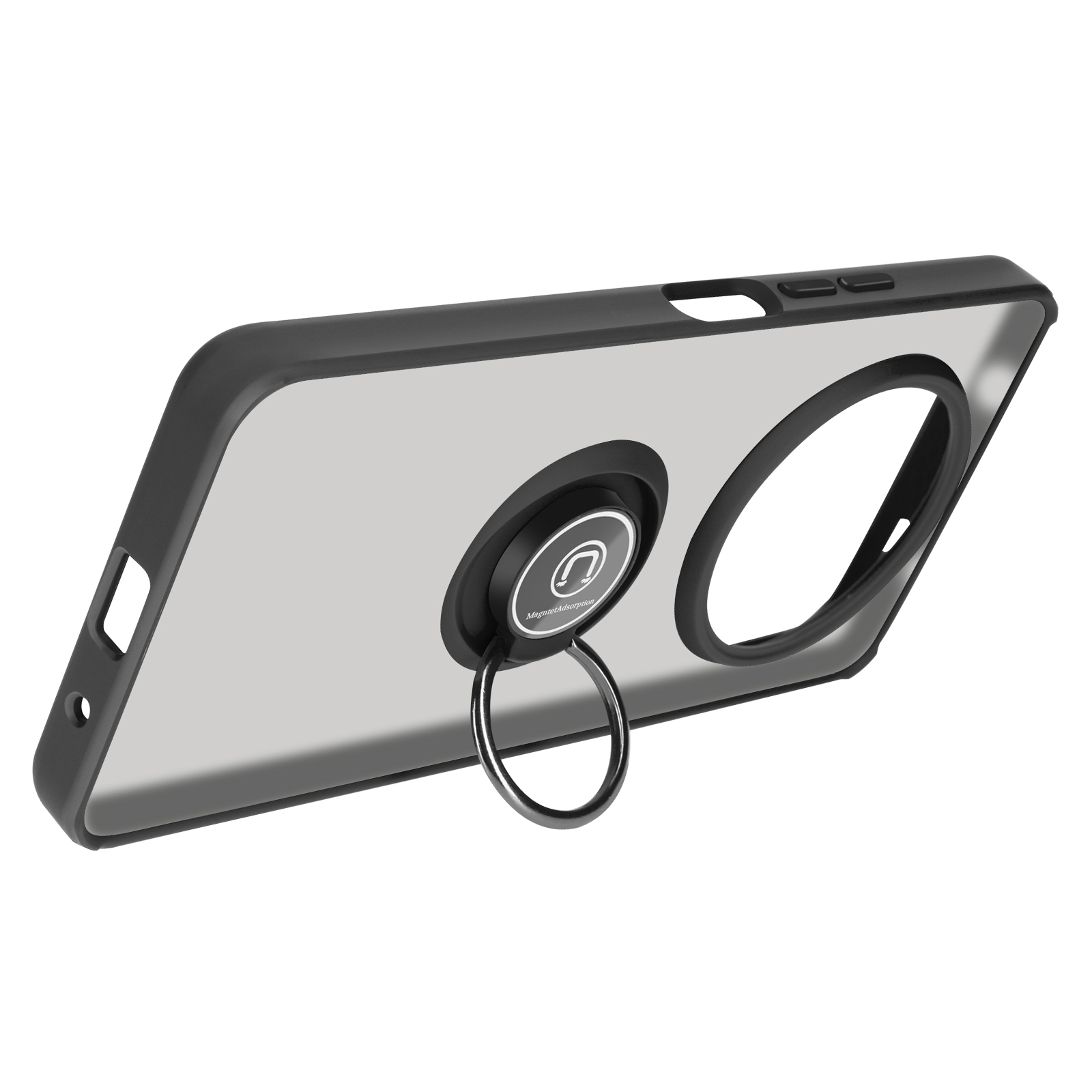 Custodia per telefono nera con anello di supporto. La custodia è trasparente, con cornice nera.