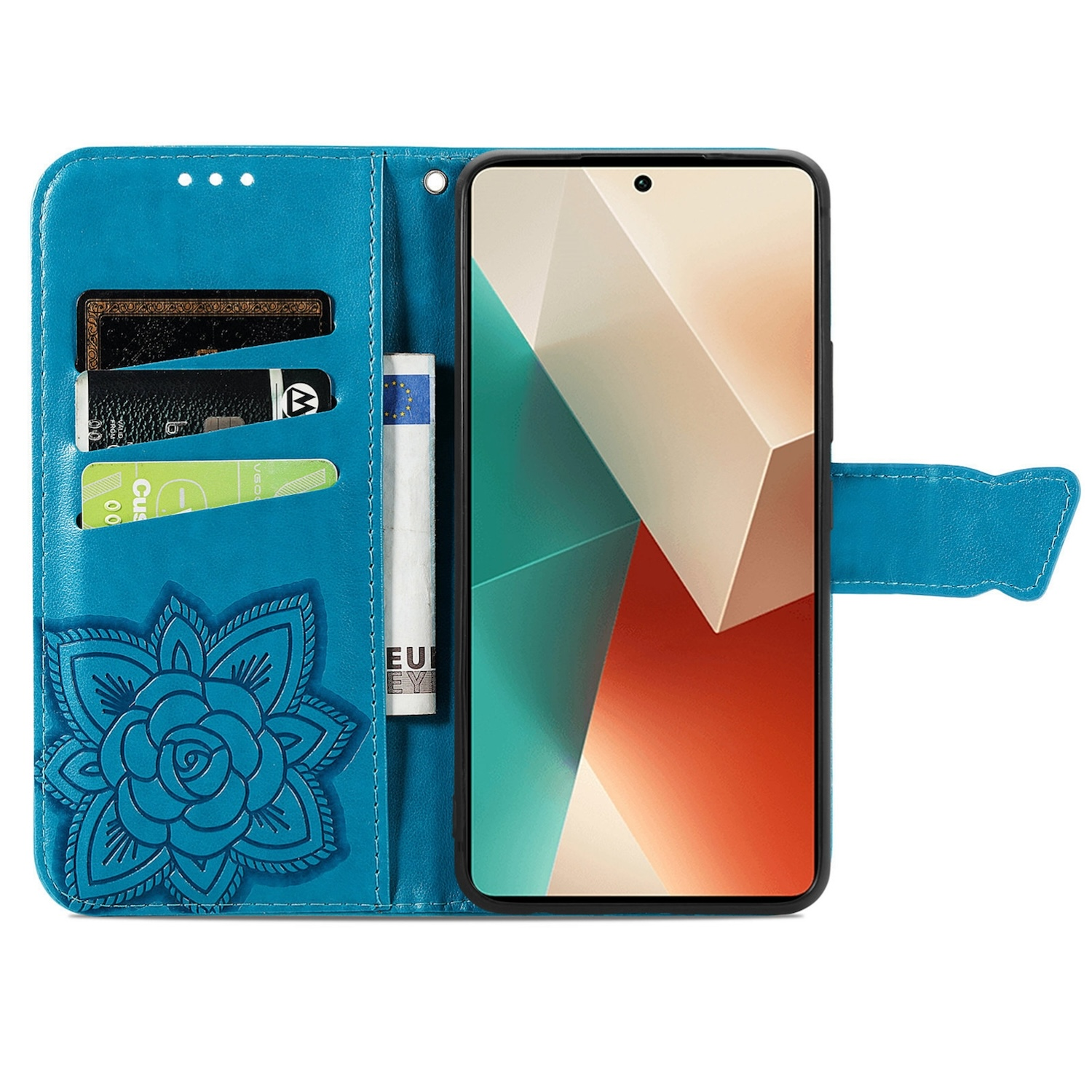 Eine blaue Handyhülle. Das Innere hat Kartenfächer und ein Blumendesign. Telefon darin.