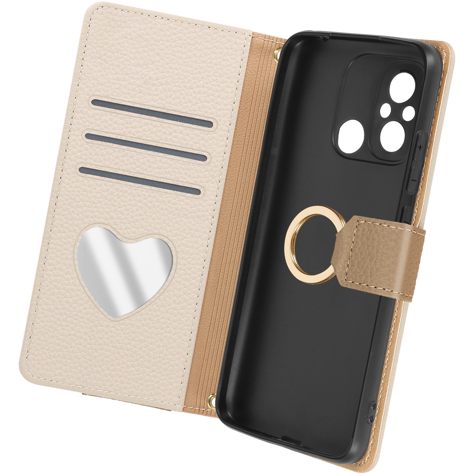 Custodia per telefono beige aperta con fessure per carte e telefono con supporto ad anello.