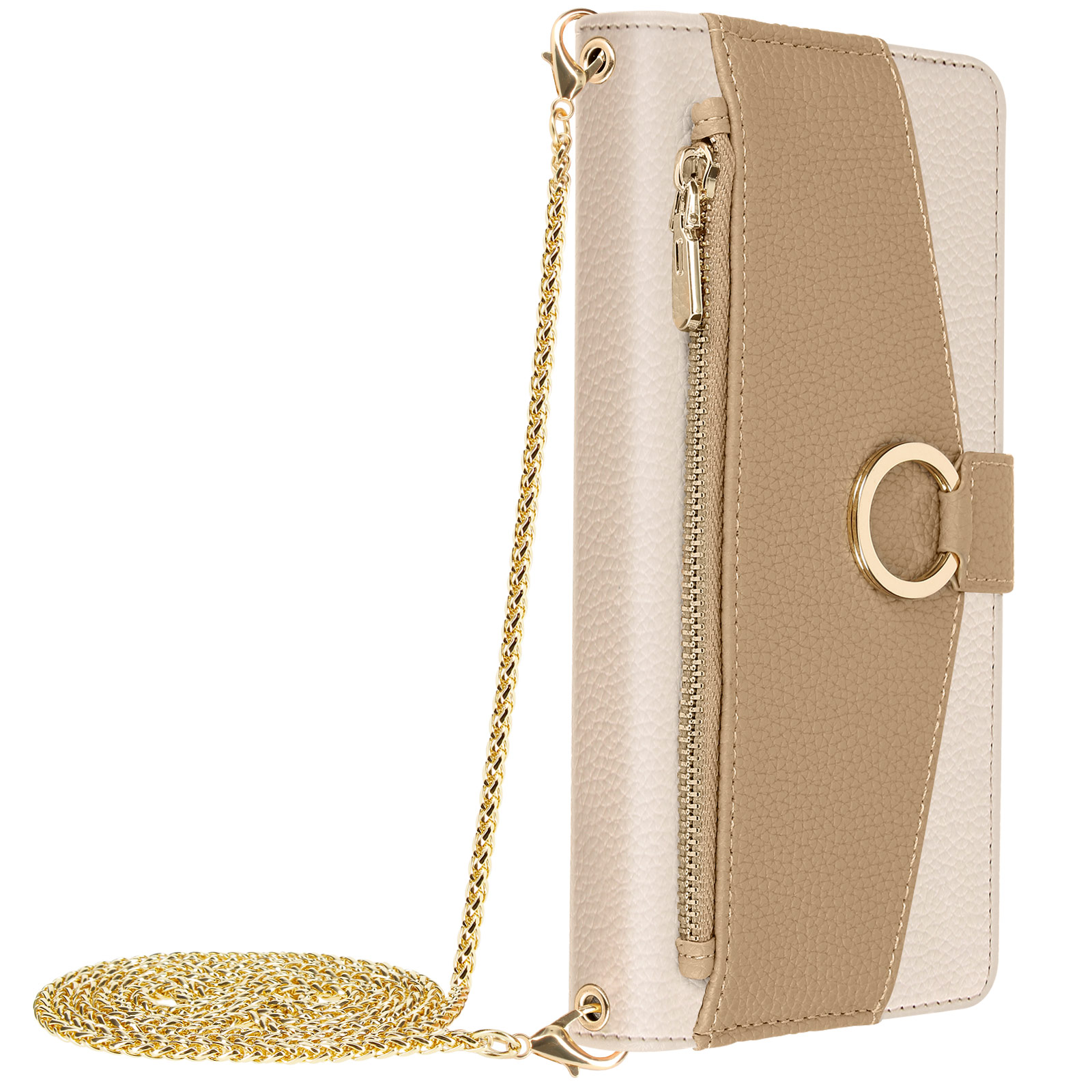 Custodia per telefono con tracolla a catena. Colori beige chiaro e marrone chiaro, con chiusura a 'C' dorata e zip.