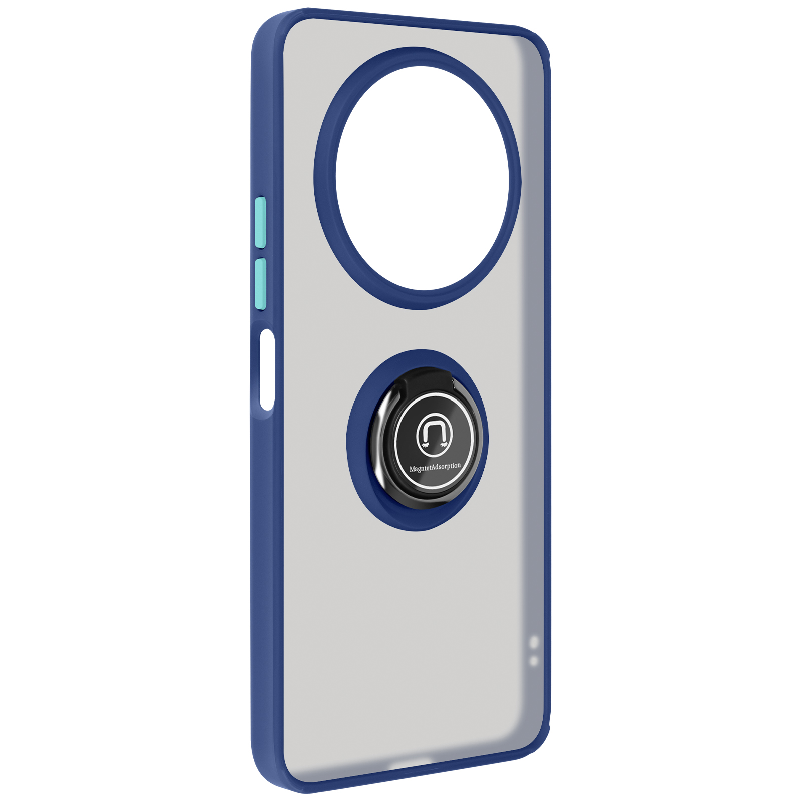 Custodia per telefono: bordo blu, retro trasparente, anello nero con logo. Sfondo bianco.