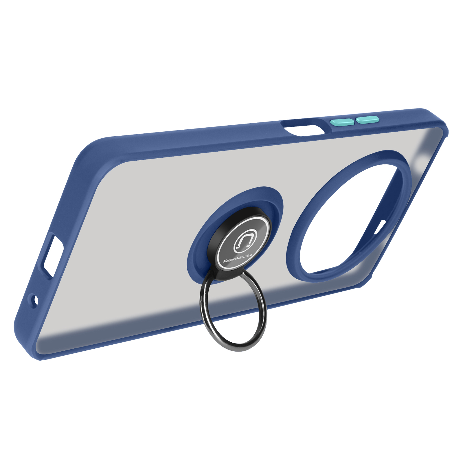 Custodia per telefono blu con anello di supporto. Retro trasparente con bordi e pulsanti blu.