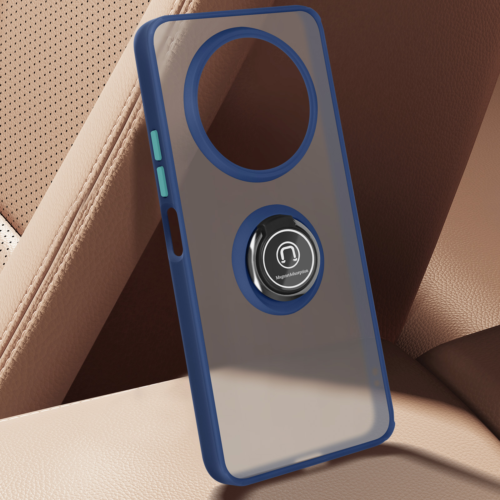 Una custodia per telefono blu con retro trasparente, un portanello, è su un sedile auto beige.