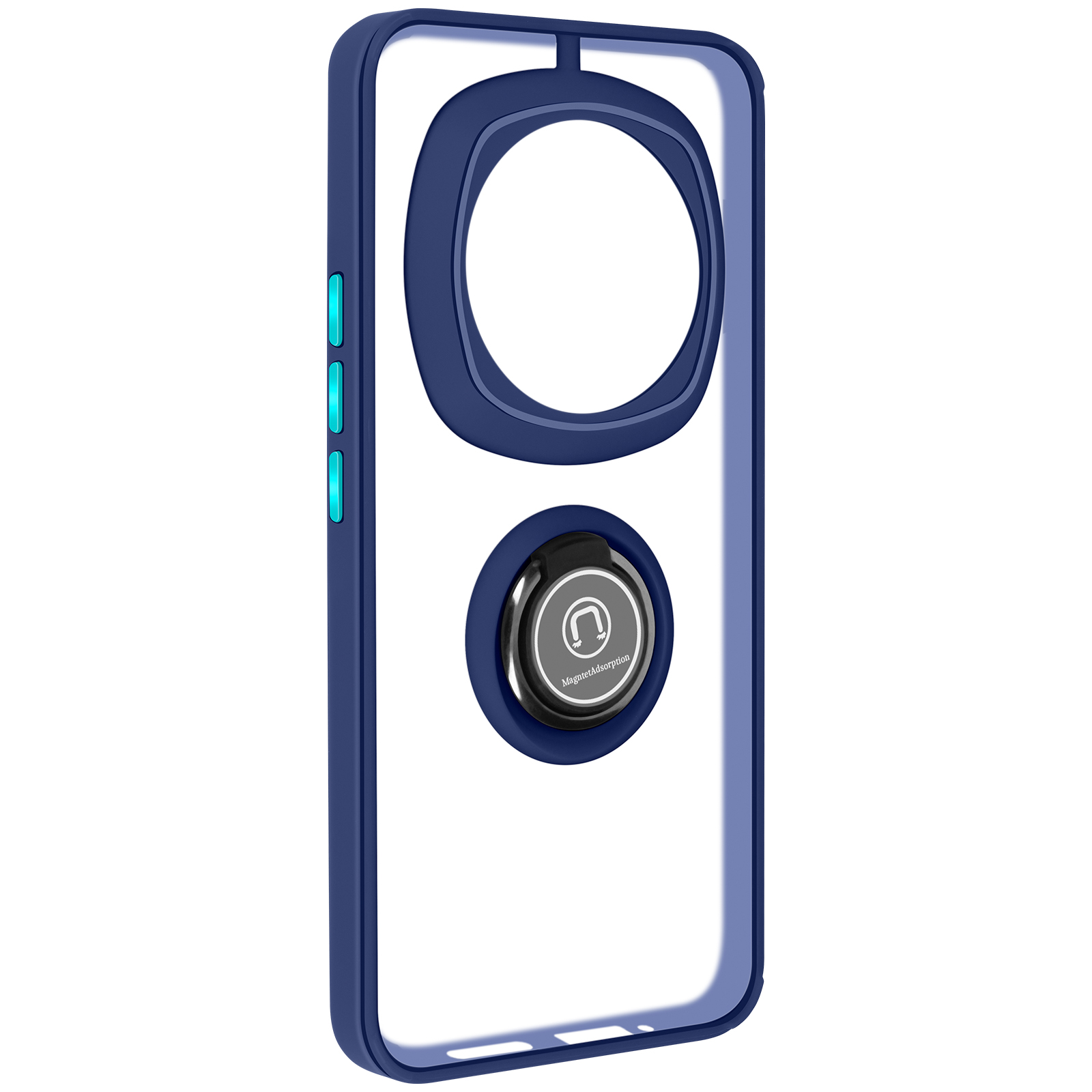 Custodia blu per telefono con anello. Ha un retro trasparente e pulsanti.