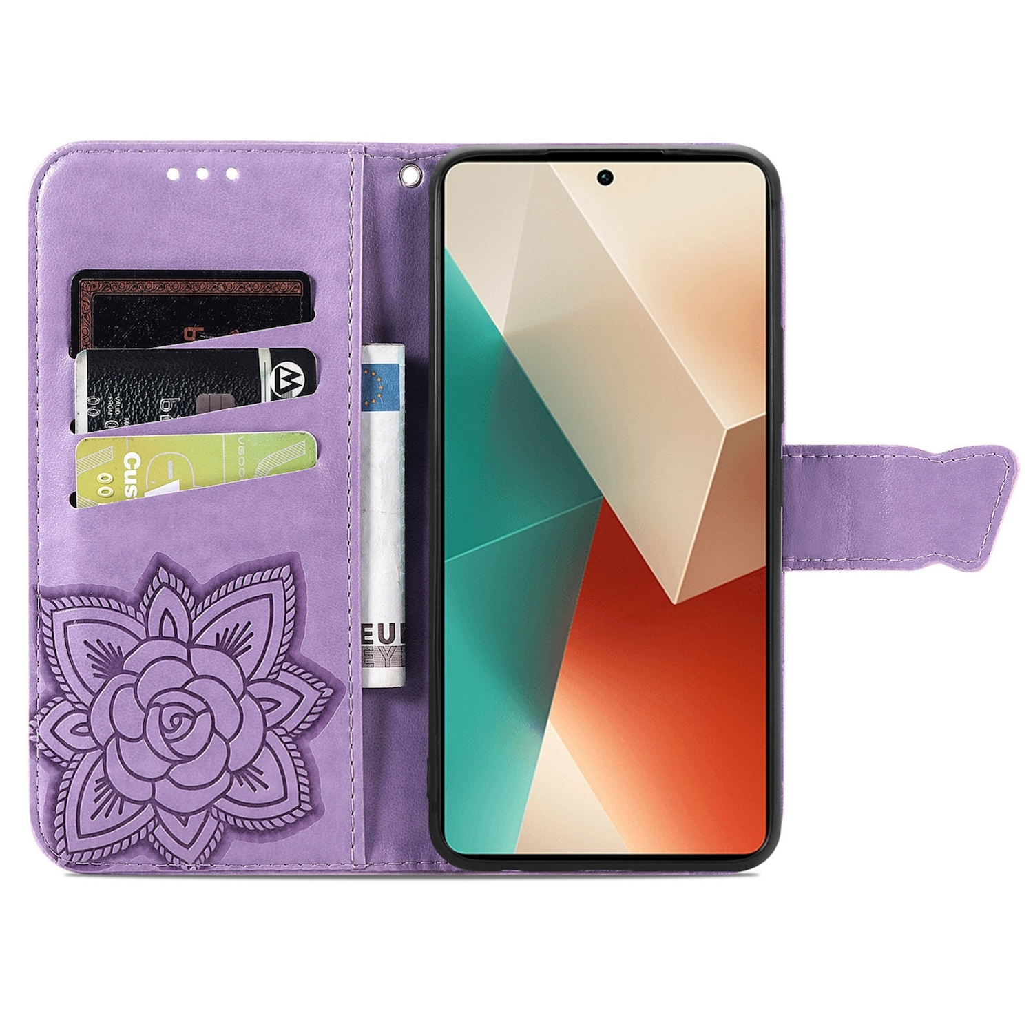 Lila Handyhülle geöffnet, zeigt Telefon und Kartenfächer mit floralem Design.