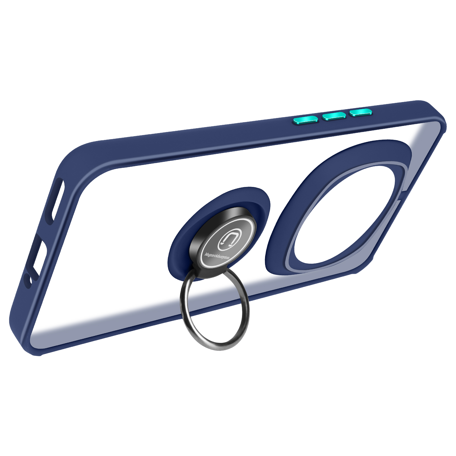 Una custodia blu per telefono con retro trasparente e porta-anello argentato.