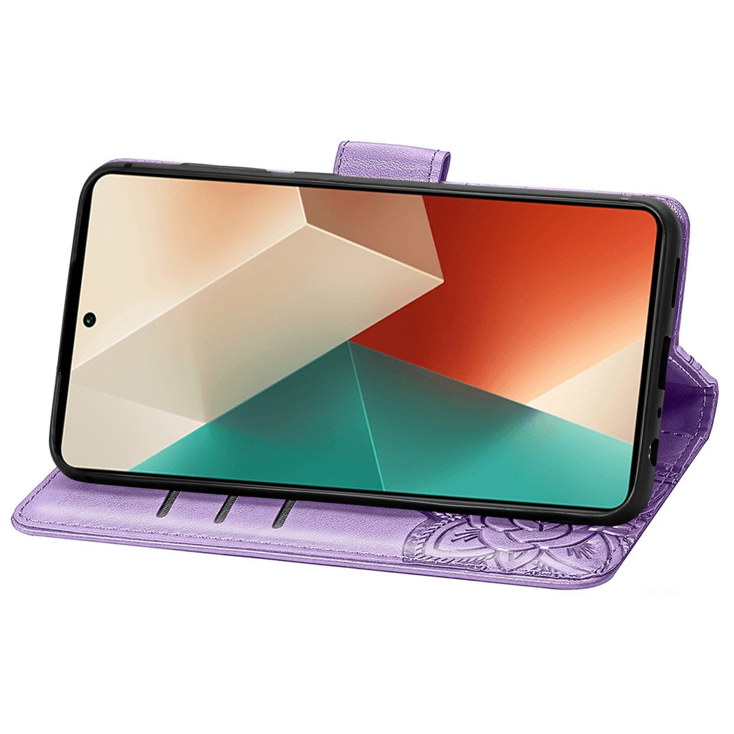 Lila Handyhülle mit Handy. Der Bildschirm zeigt Kunst.