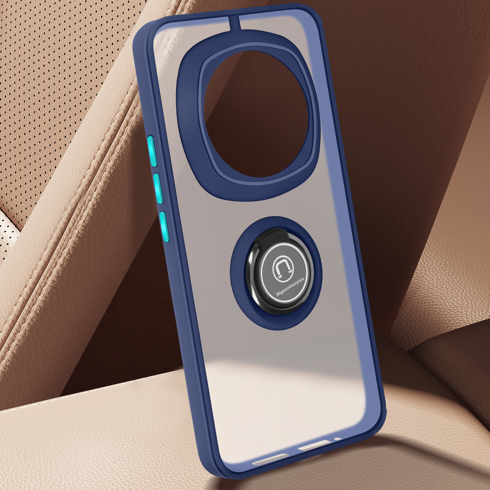 Custodia per telefono con cornice blu, supporto ad anello, su un sedile auto beige.