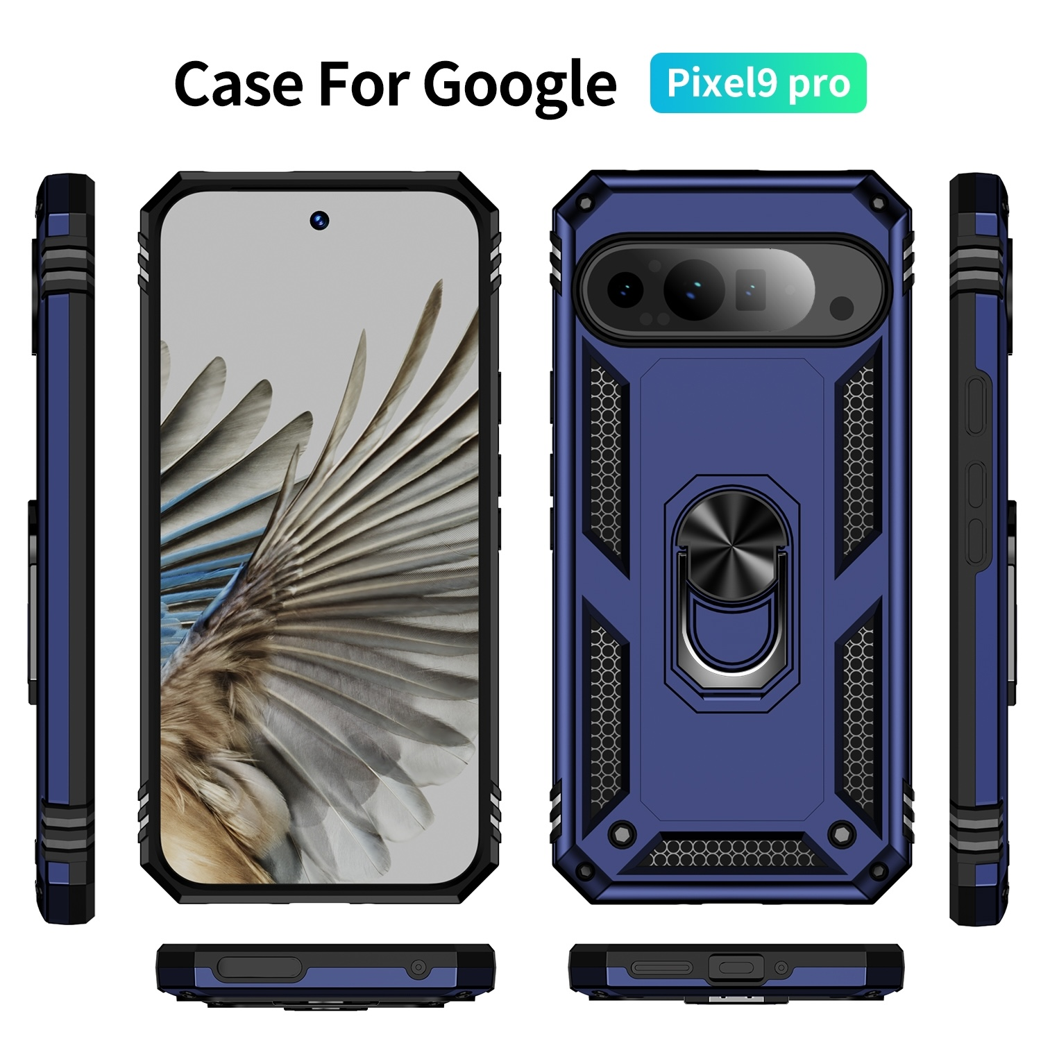 Eine Handyhülle für Google Pixel9 pro. Sie ist dunkelblau und schützt das Telefon von allen Seiten.