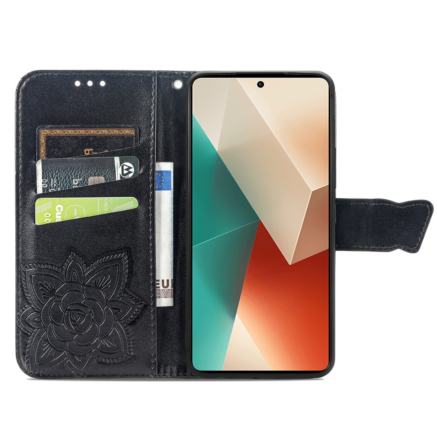 Schwarze Handyhülle mit Telefon und Karten vor weißem Hintergrund.