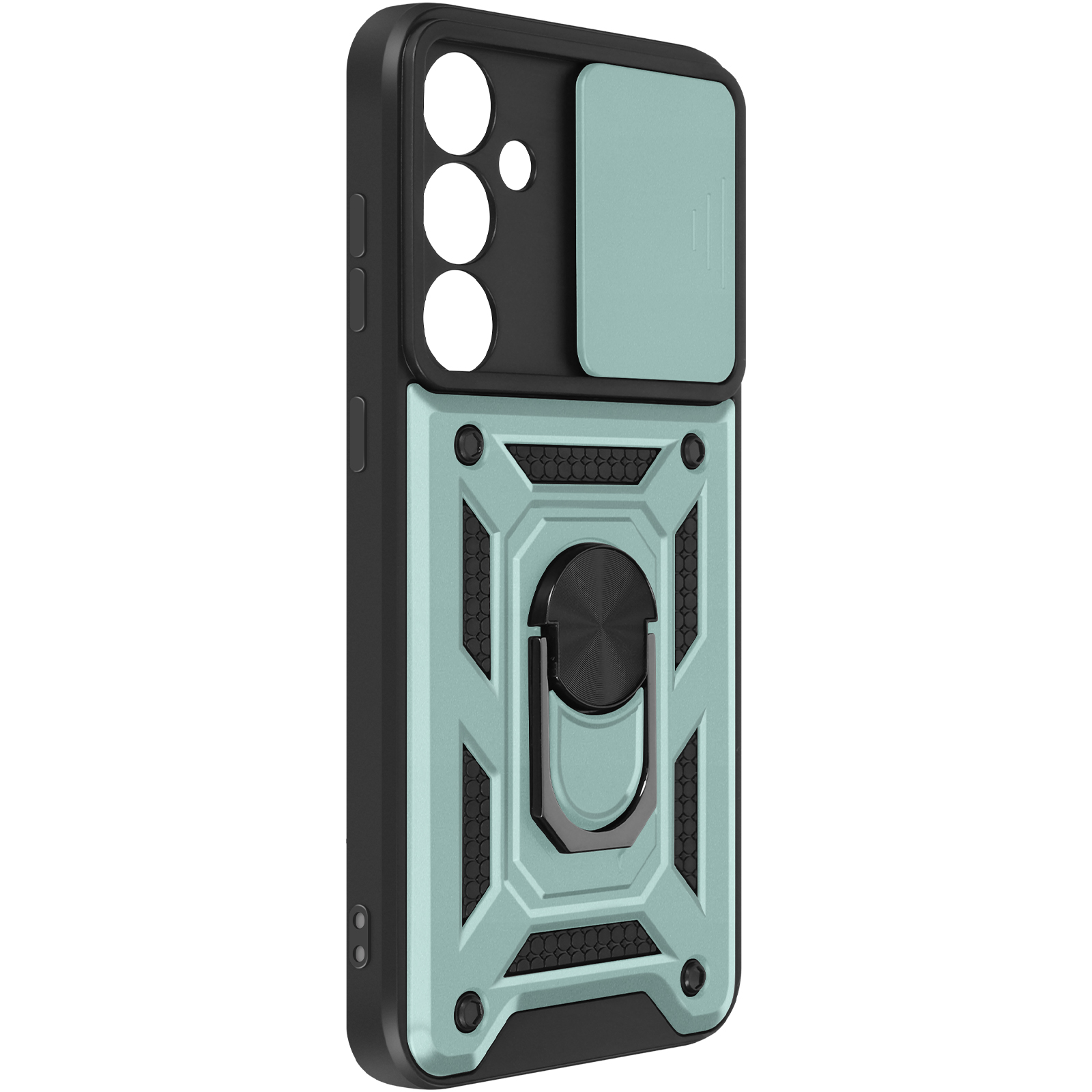 Una custodia per telefono verde menta con una copertura scorrevole per la fotocamera e un anello argentato.