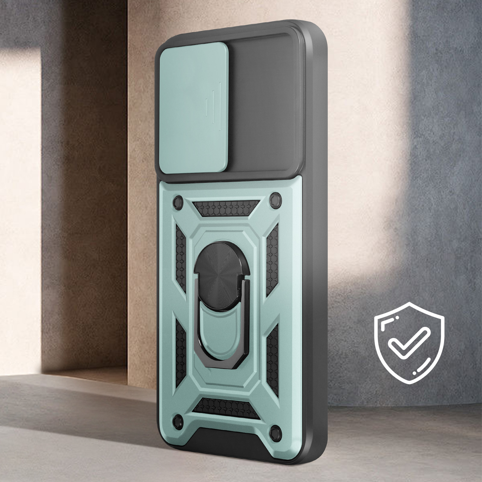 Custodia per telefono con copertura della fotocamera e supporto ad anello. La custodia è grigia e turchese.