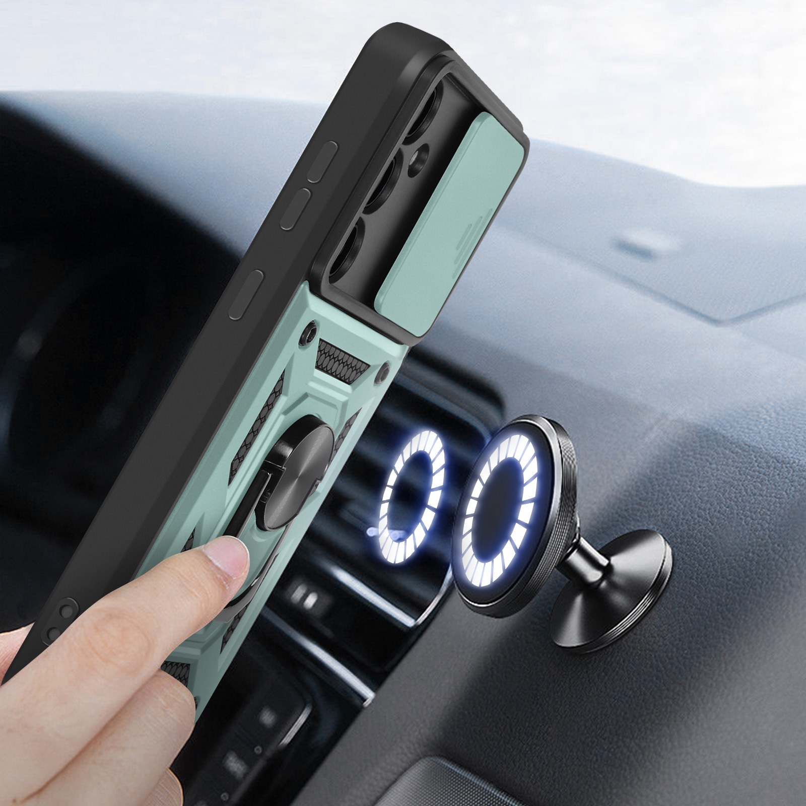 Una custodia per telefono con supporto magnetico e telefono collegato. La custodia è nera e verde menta.