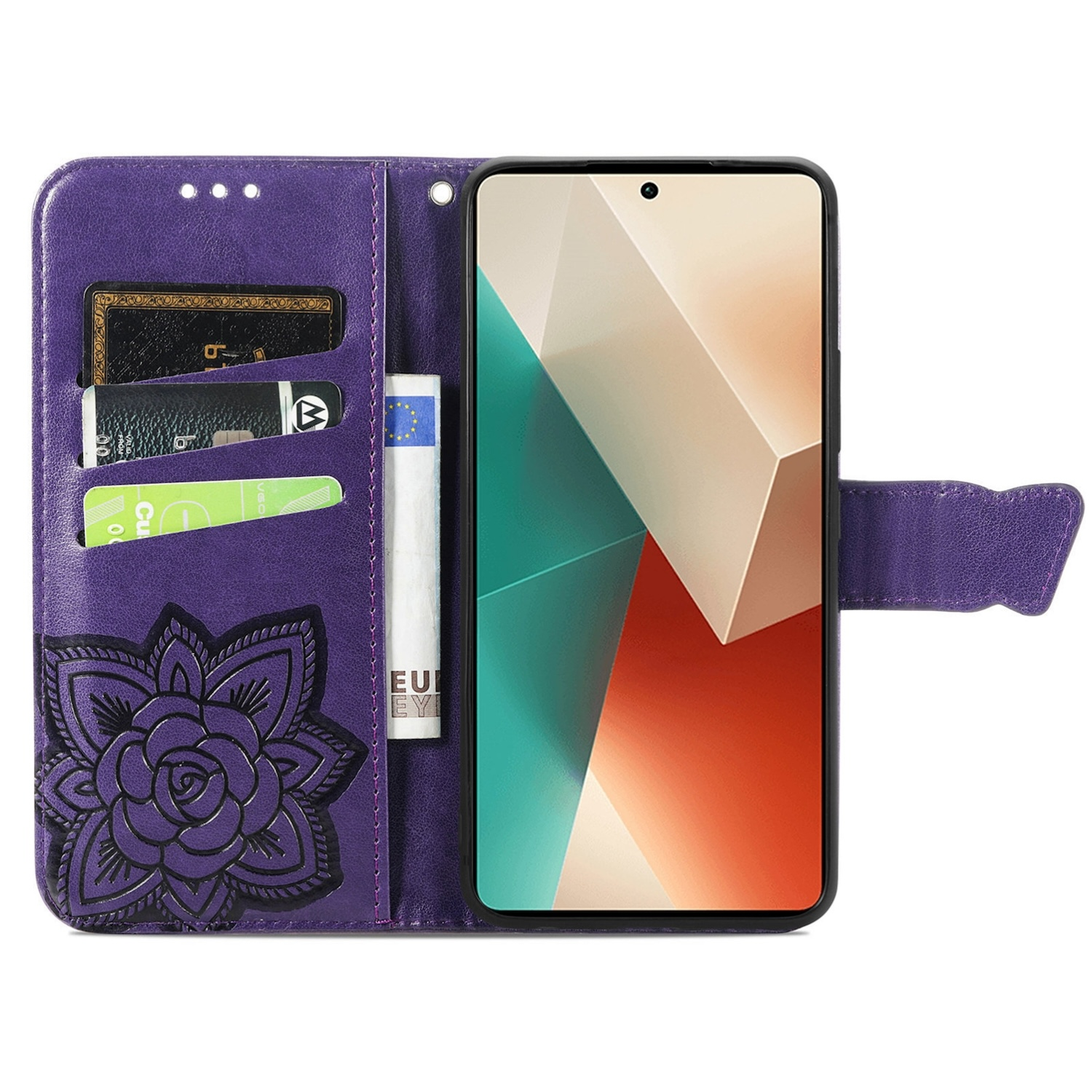 Funda de teléfono morada con diseño floral y tarjetas. El teléfono muestra un patrón geométrico.