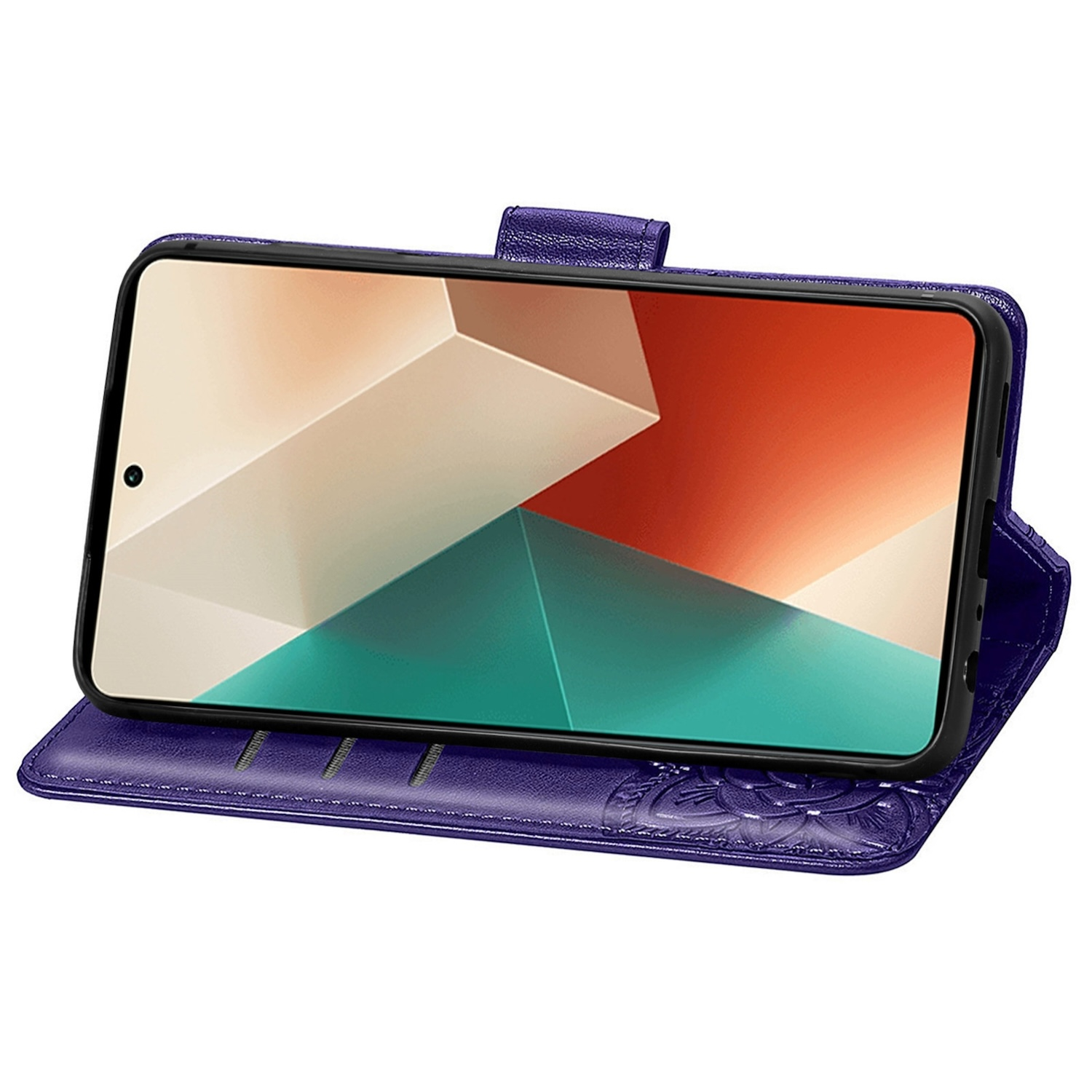 Funda de teléfono abierta con teléfono mostrando imagen abstracta colorida sobre fondo morado.