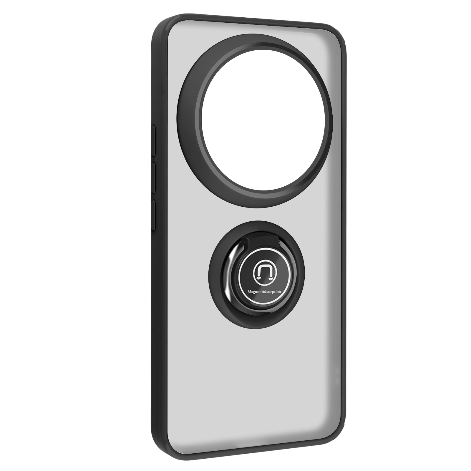 Funda de teléfono con parte trasera transparente, marco negro y soporte de anillo magnético. Fondo blanco.