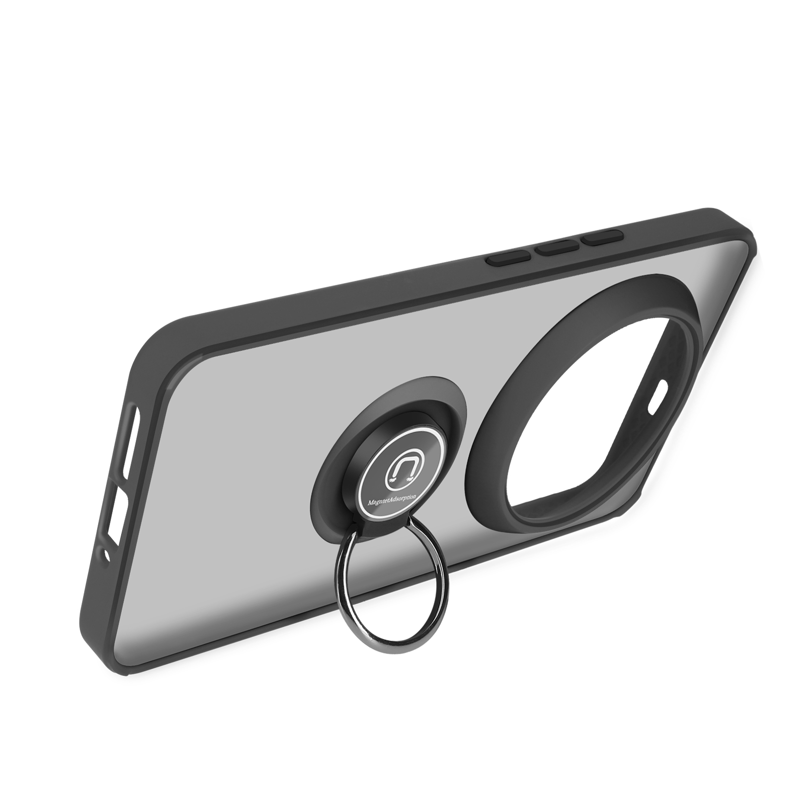 Funda de teléfono negra con soporte de anillo. El anillo es plateado y circular.