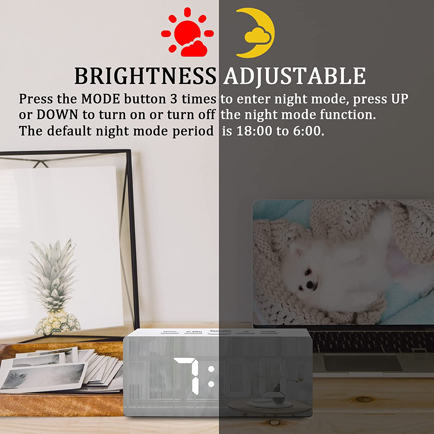 Zegar cyfrowy z jasnym wyświetlaczem. Tekst wyjaśnia, jak dostosować jasność i tryb nocny.