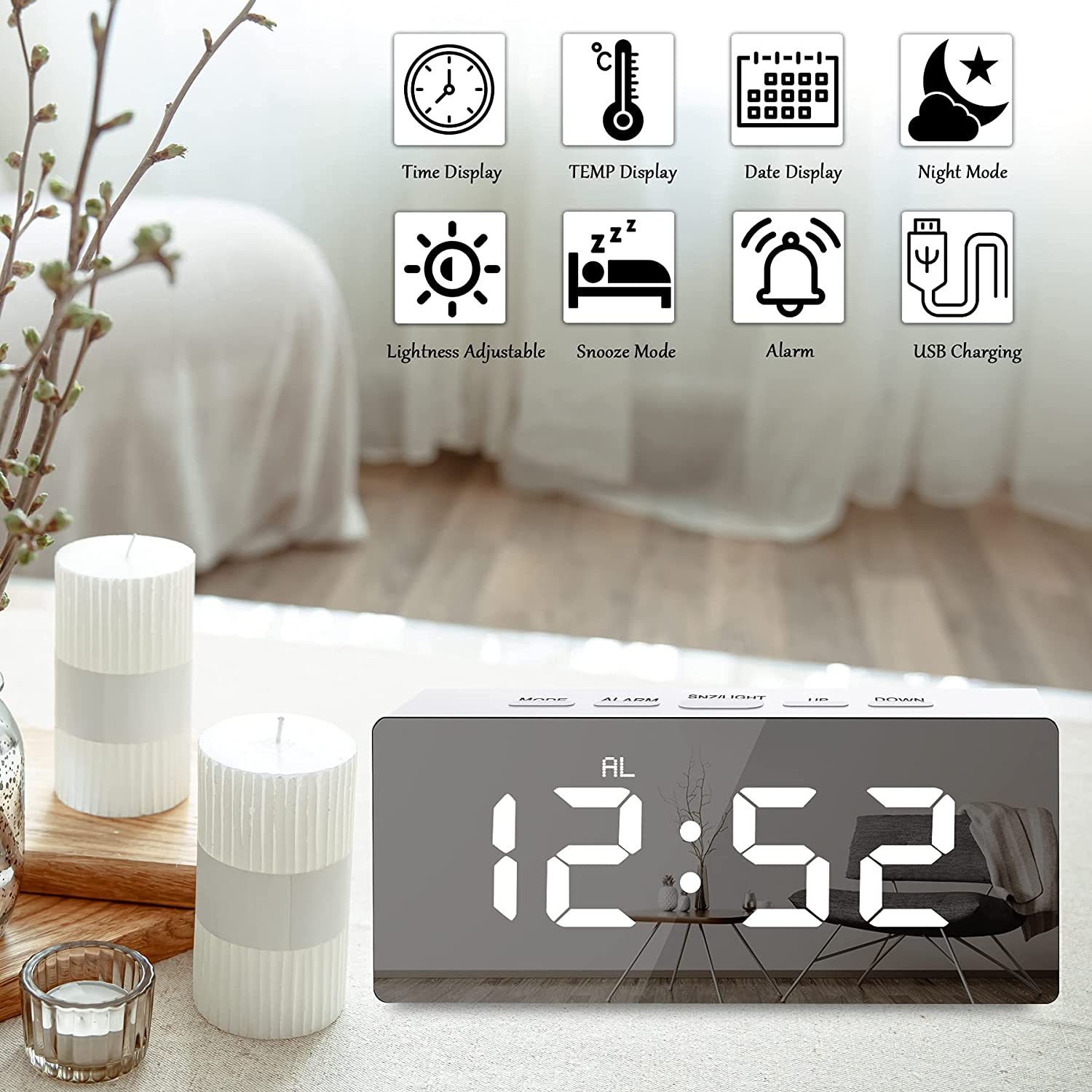 Cyfrowy budzik wyświetlający godzinę z ikonami różnych funkcji.