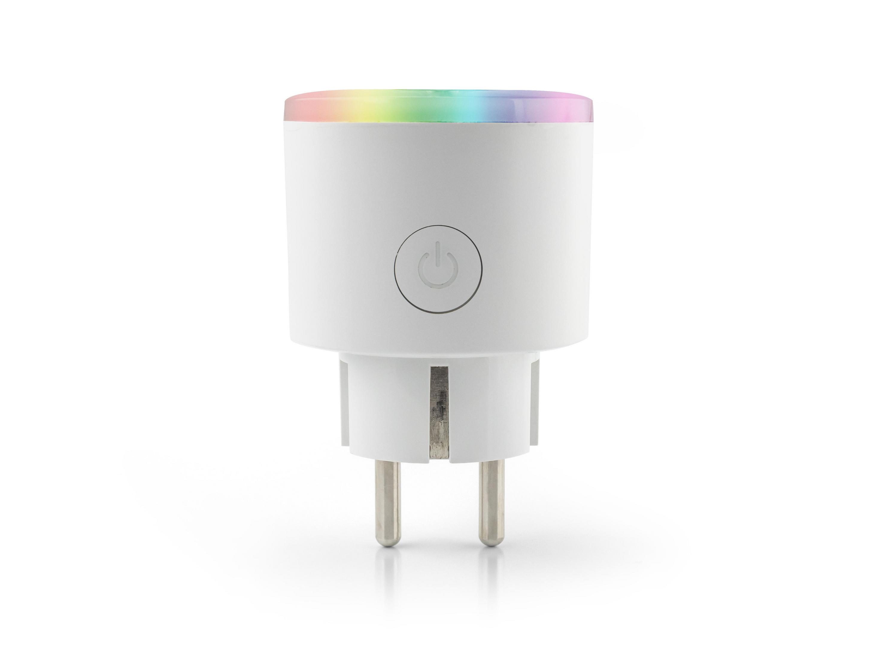 Ein weißer Smart-Stecker mit Knopf und farbenfrohem Licht oben.