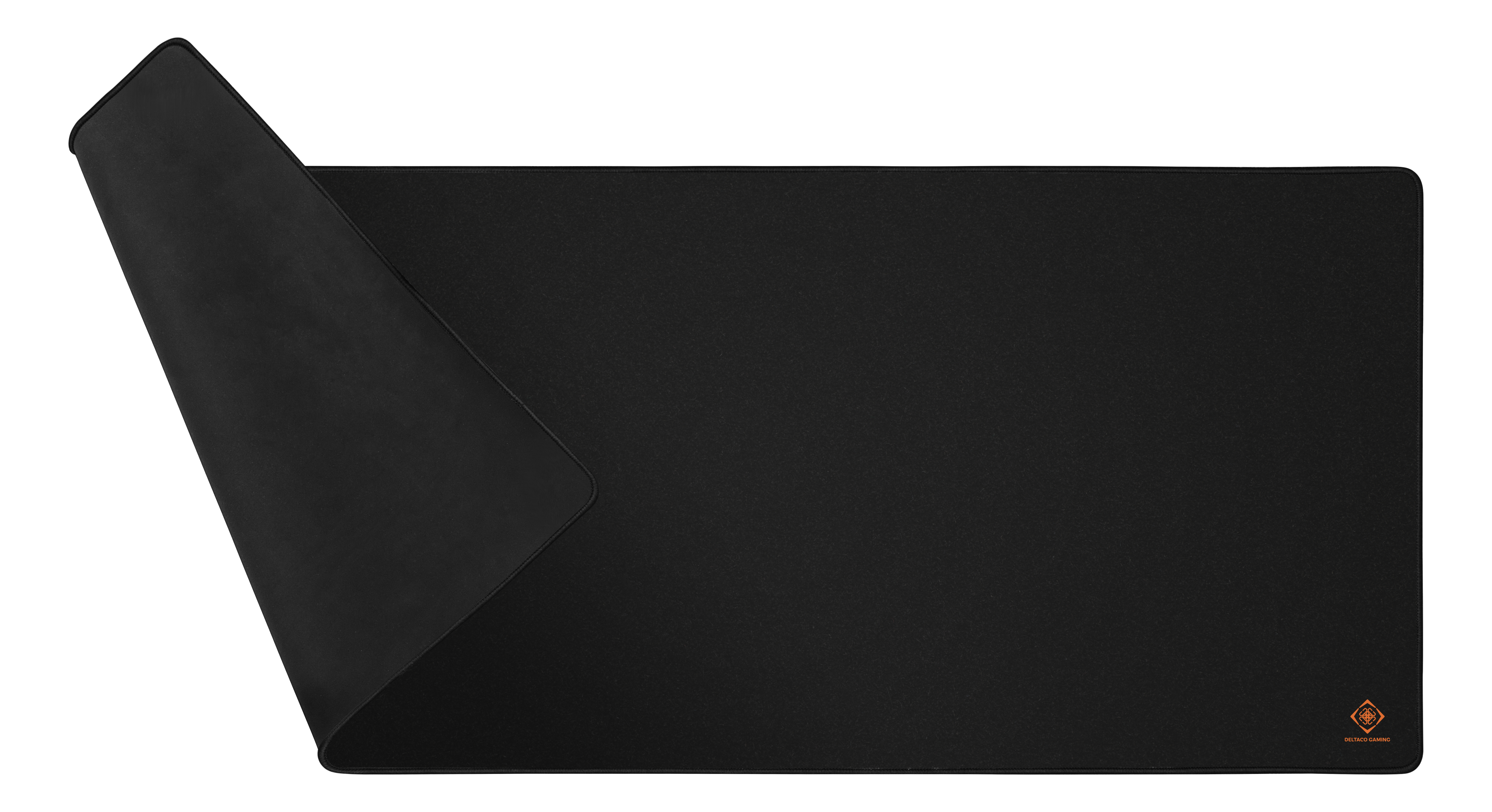 A large black mousepad with a folded corner and logo.
