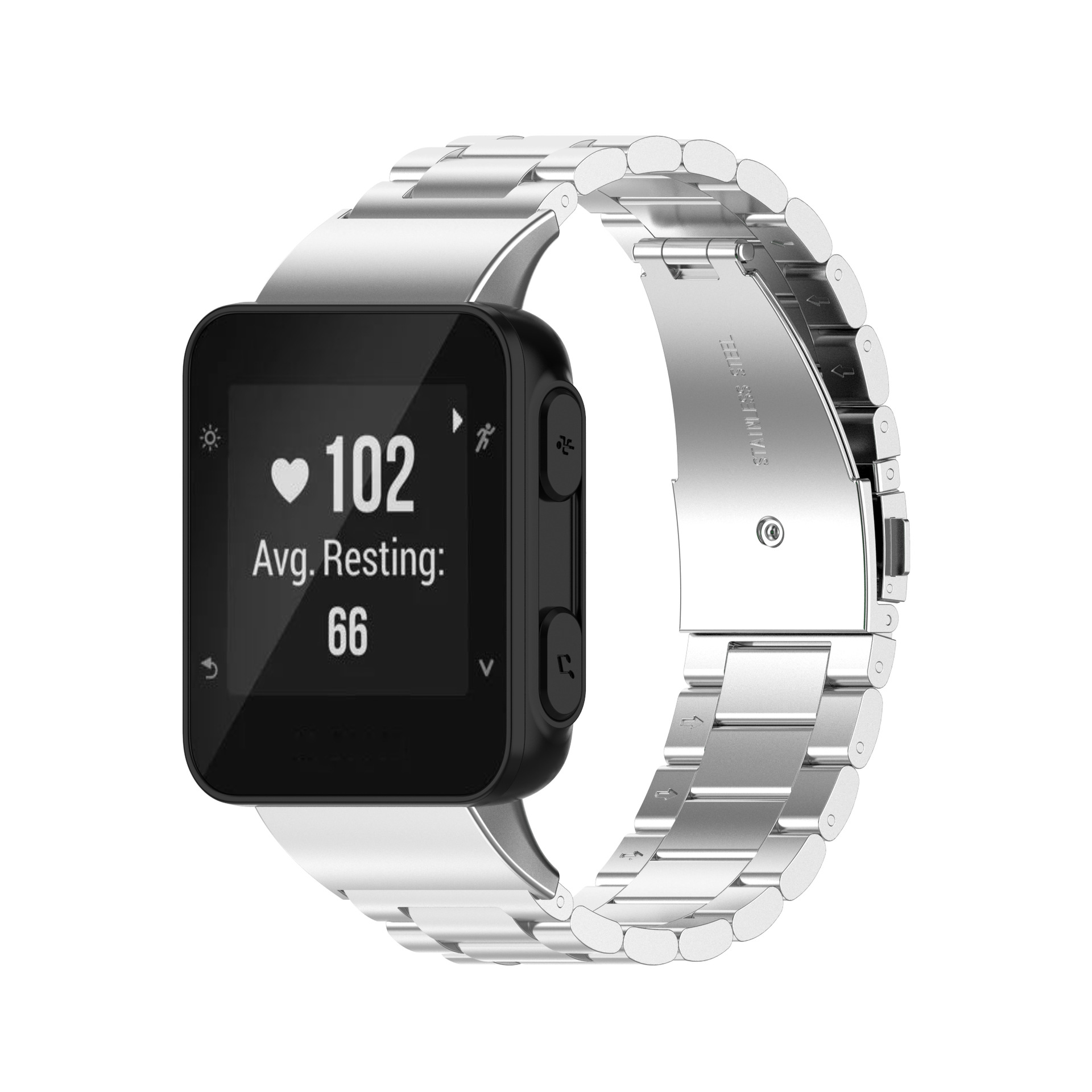 Schwarze Smartwatch mit silbernem Armband, Gesundheitsdaten und Uhrzeit.