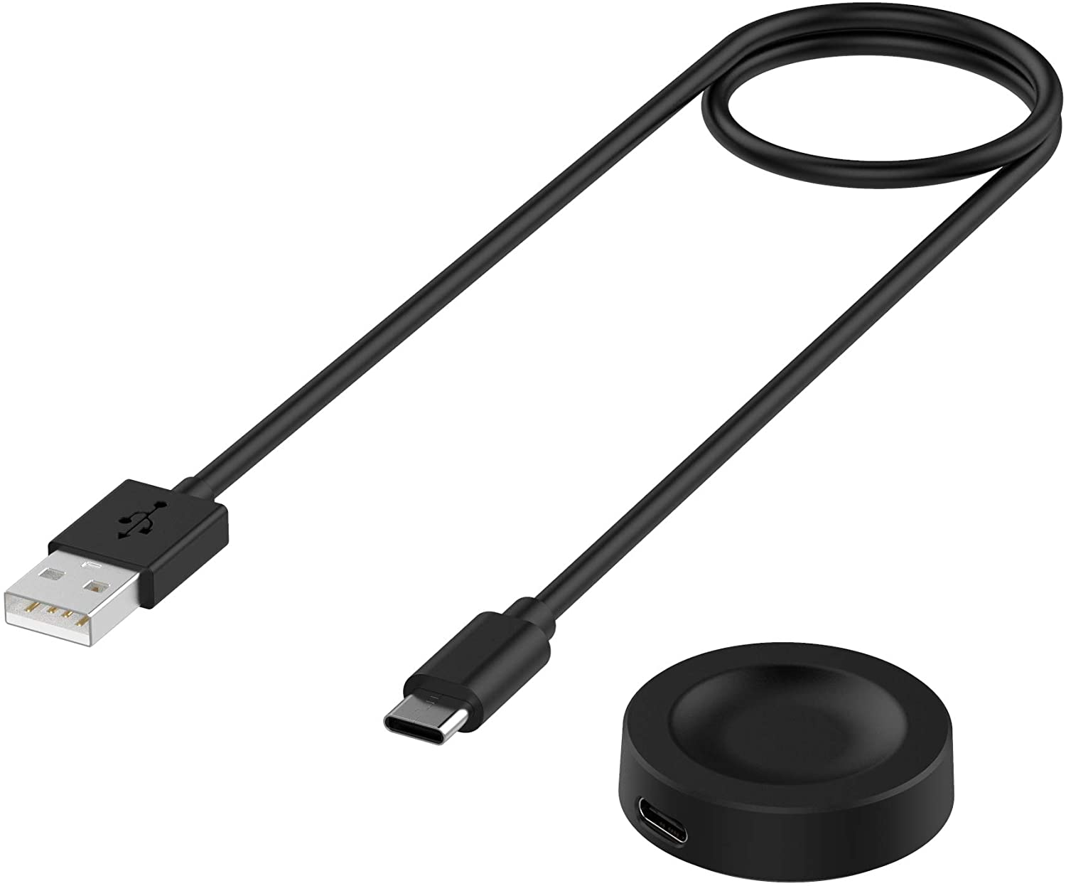 Câble USB noir et socle de chargement. Une extrémité est USB, l'autre USB-C, et une base ronde.