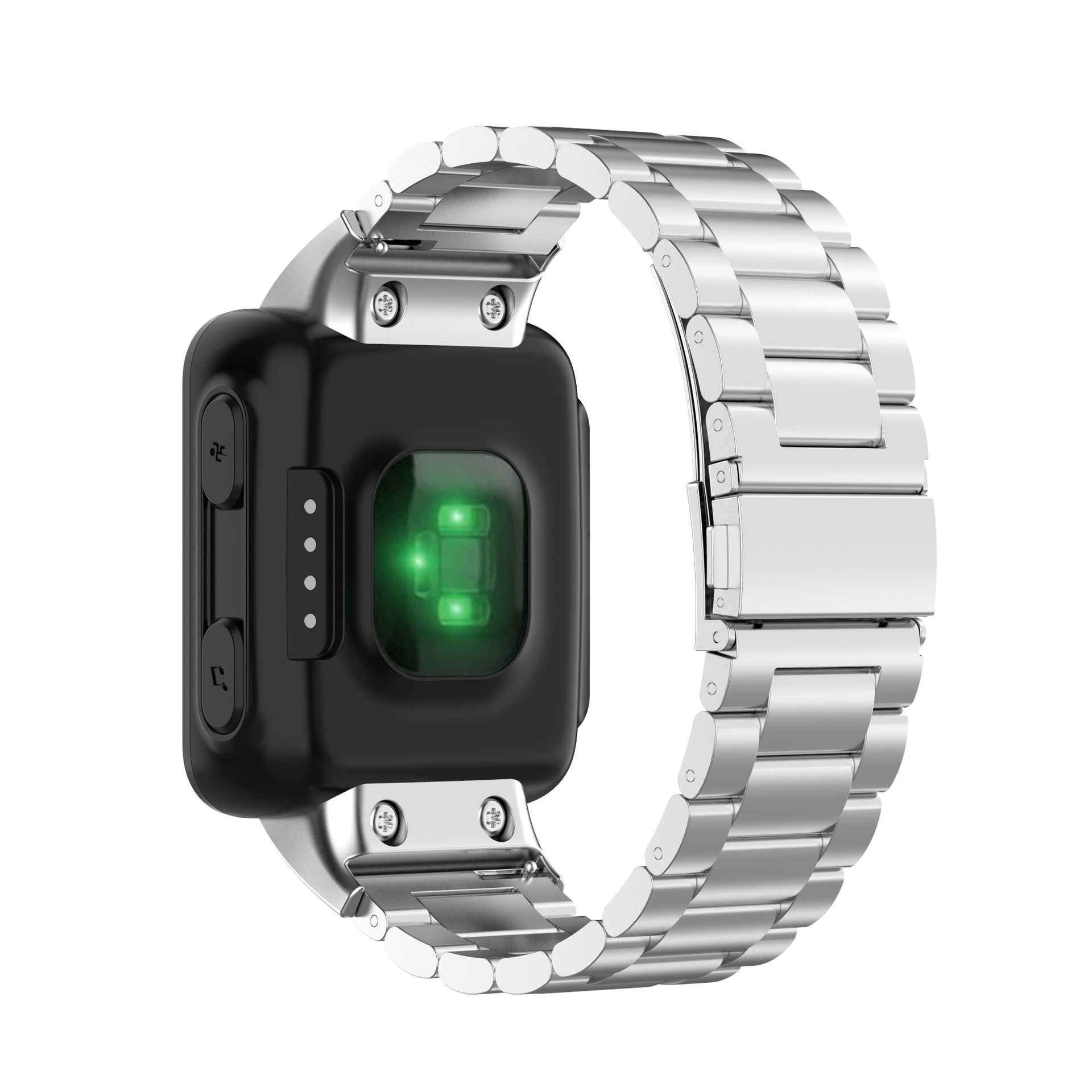 Schwarze Smartwatch mit silbernem Armband. Grünes Licht am Herzfrequenzsensor.
