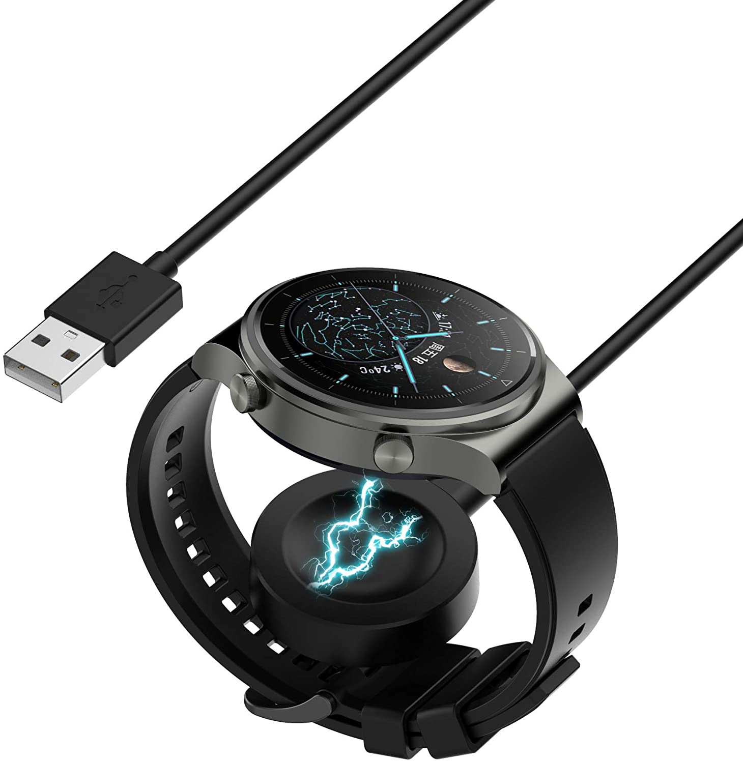 Montre intelligente sur socle de chargement, connectée à un câble USB. Couleurs noir et argent.
