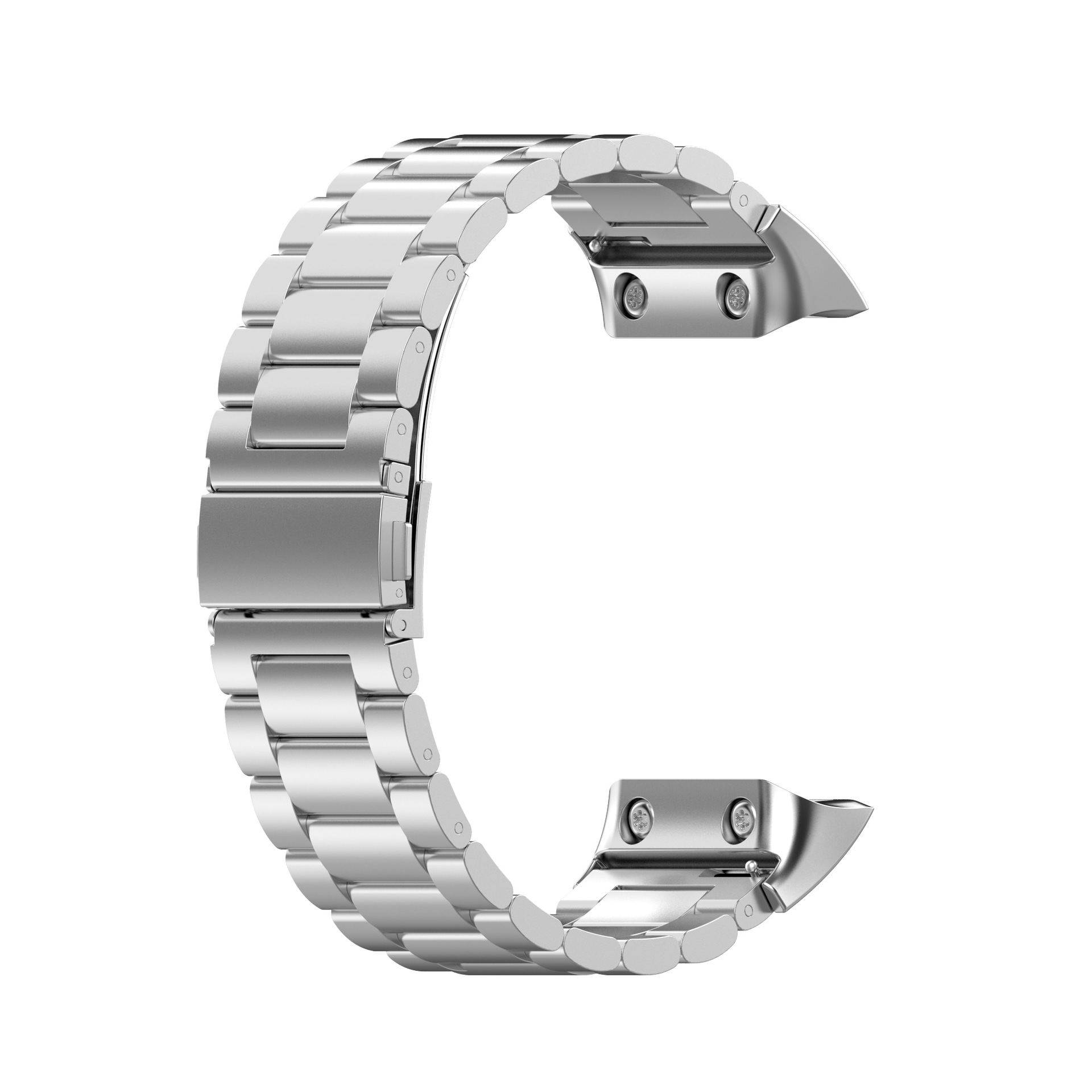 Silbernes Uhrenarmband aus verbundenen Metallsegmenten, gebogene Form.