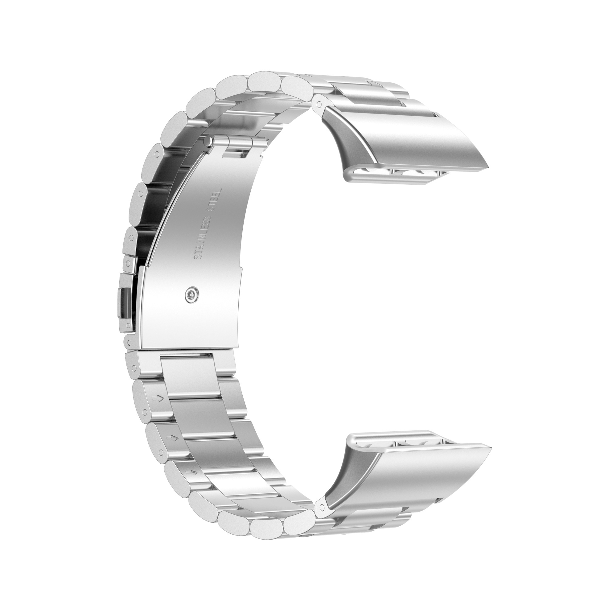 Silbernes Uhrenarmband mit Edelstahl-Finish. Mit einem Verschluss zur sicheren Befestigung.