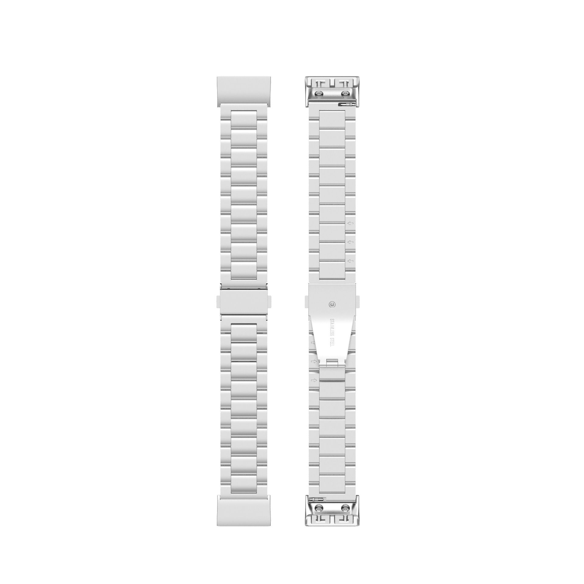 Zwei silberne Uhrenarmbänder auf weißem Hintergrund. Die Armbänder sind miteinander verbunden.