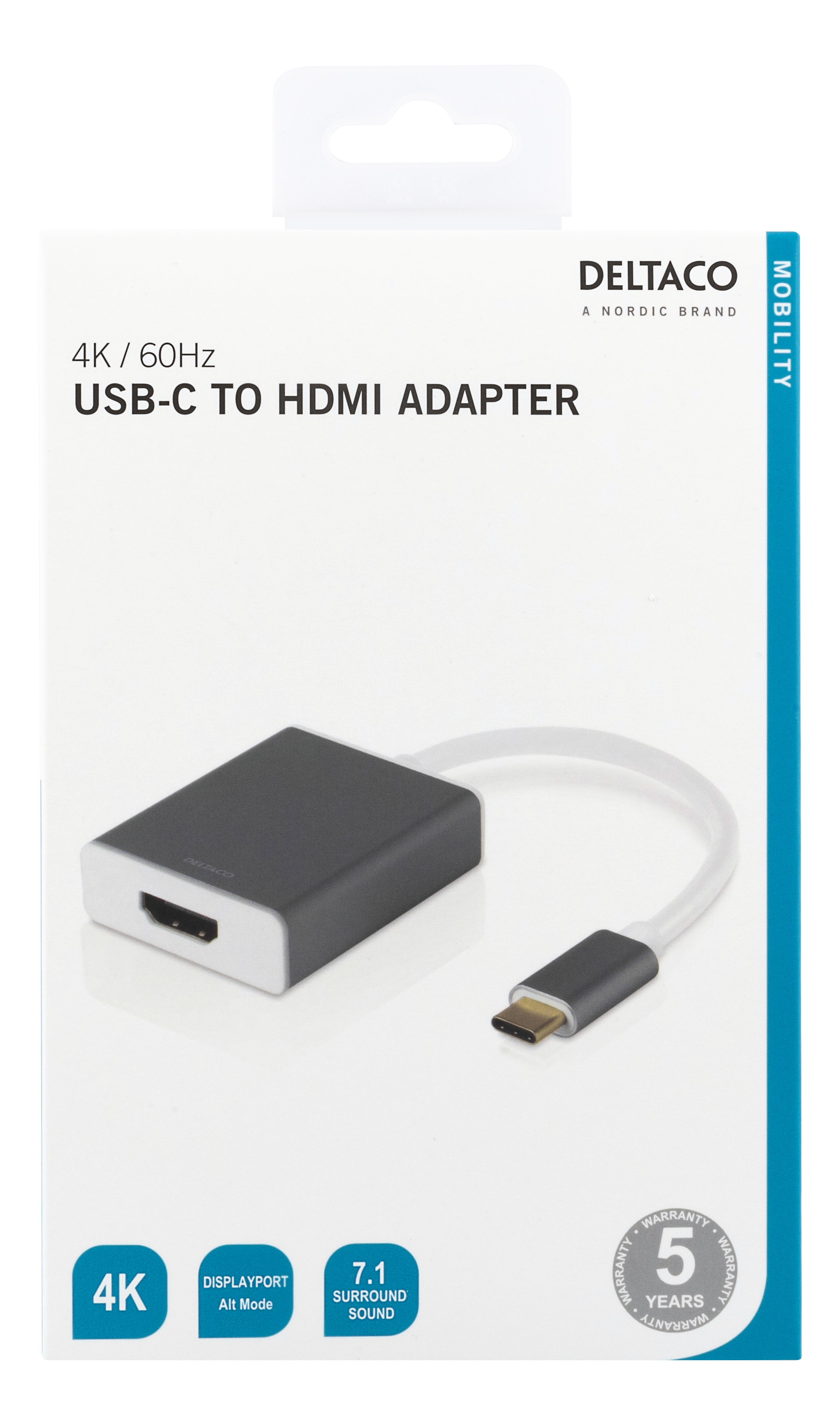 Caja de adaptador USB-C a HDMI blanca y negra con adaptador y cable visibles.