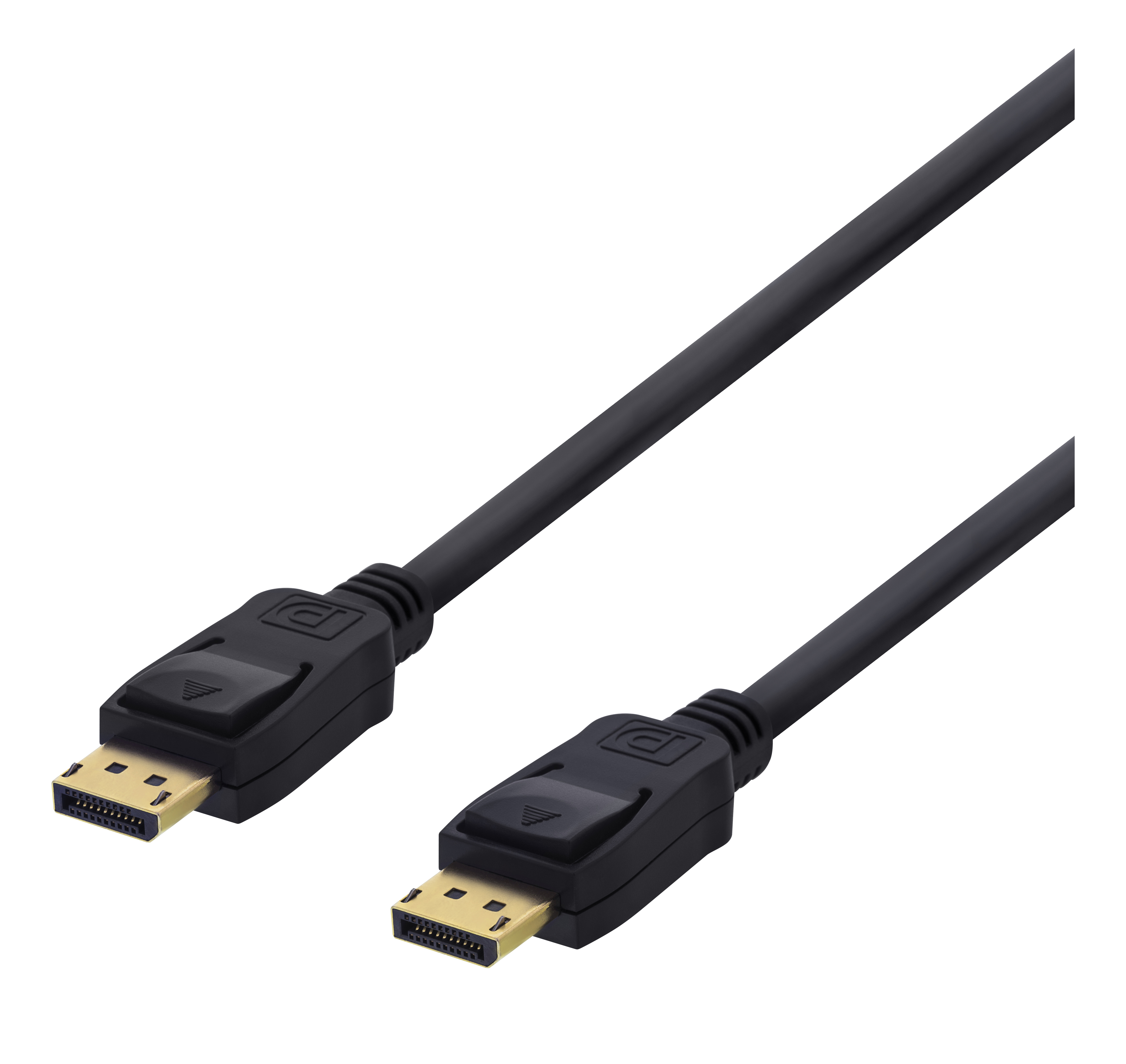 Een zwarte DisplayPort-kabel met DisplayPort-connectoren aan beide uiteinden tegen een witte achtergrond.