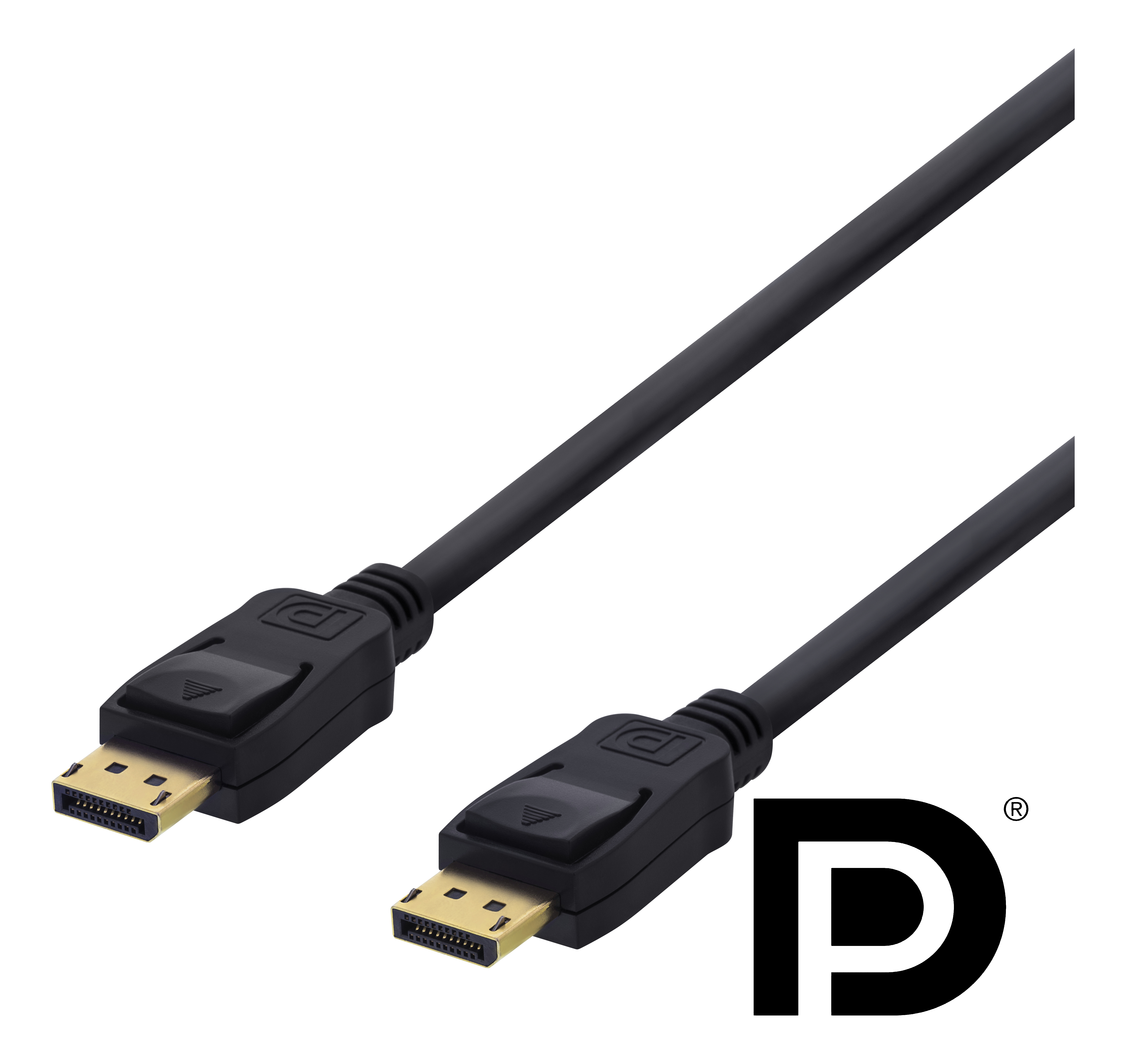 Zwarte DisplayPort-kabel met gouden connectoren en het DisplayPort-logo.