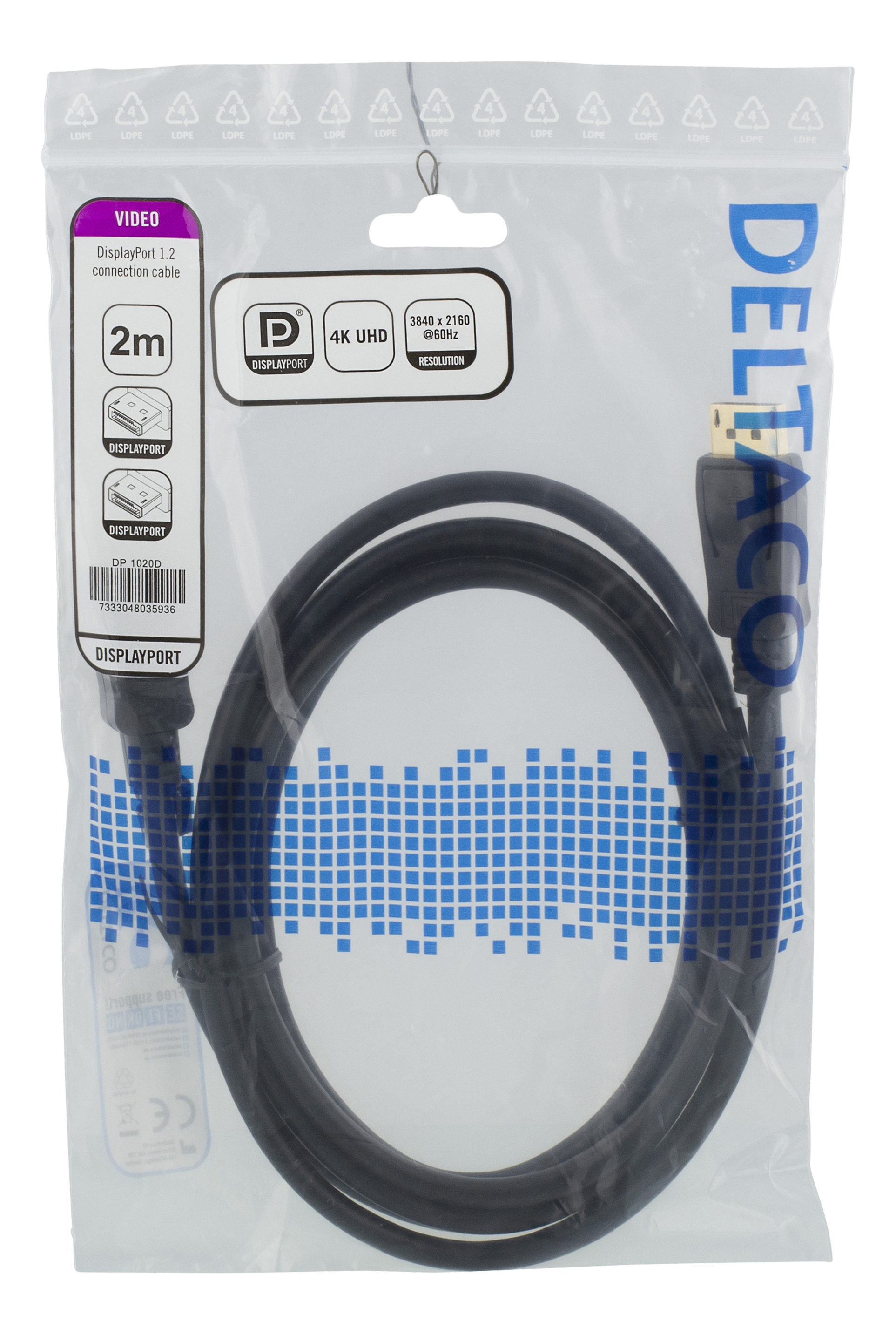 Transparante plastic zak met een zwarte DisplayPort-kabel, op witte achtergrond.